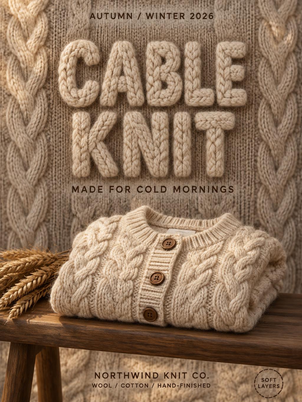 "CABLE KNIT
AUTUMN / WINTER 2026
MADE FOR COLD MORNINGS
NORTHWIND KNIT CO.
WOOL / COTTON / HAND-FINISHED
SOFT LAYERS" —  | AI Text Effect Generator