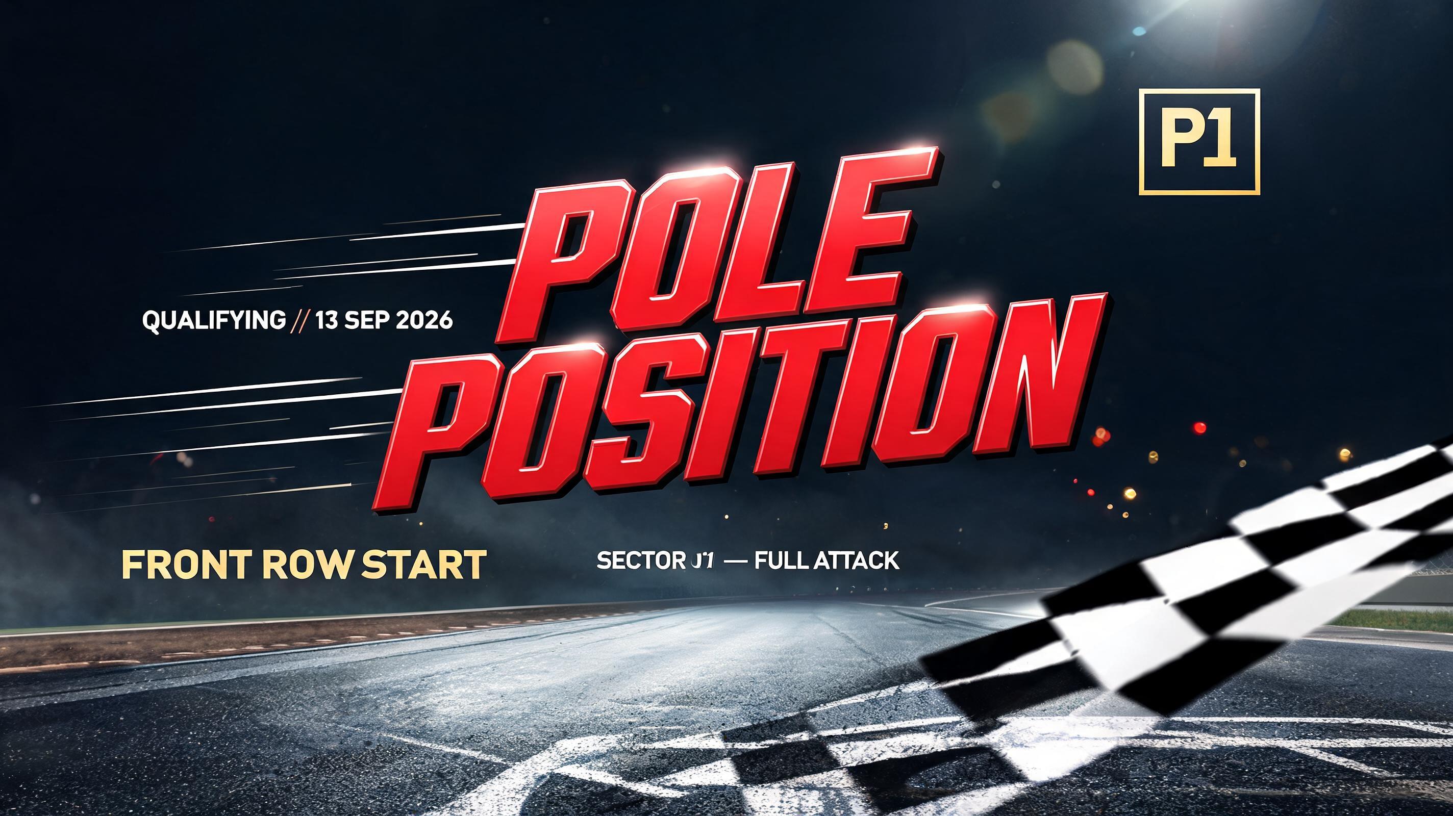 "POLE POSITION
QUALIFYING // 13 SEP 2026
FRONT ROW START
SECTOR 01 — FULL ATTACK
P1" — Racing | AI Text Effect Generator