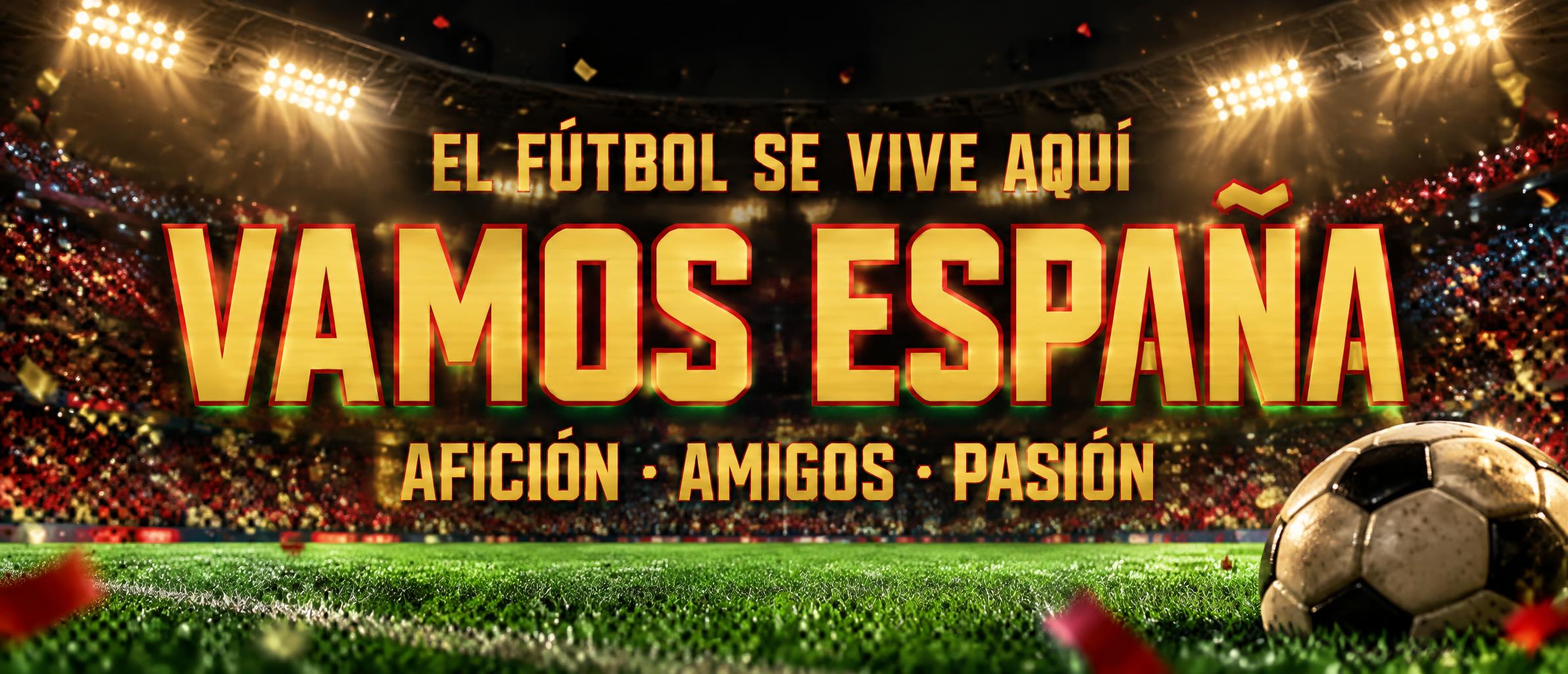 "VAMOS ESPAÑA
EL FÚTBOL SE VIVE AQUÍ
AFICIÓN · AMIGOS · PASIÓN" — Sports Football | AI Text Effect Generator
