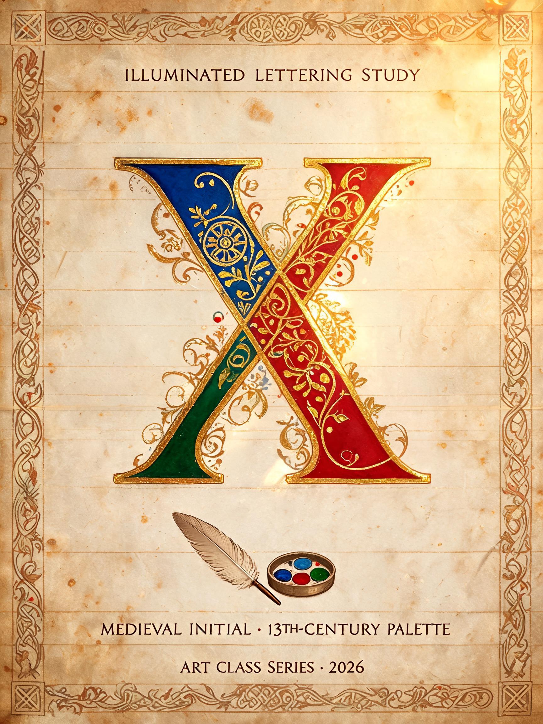 "ILLUMINATED LETTERING STUDY
X
MEDIEVAL INITIAL · 13TH-CENTURY PALETTE
ART CLASS SERIES · 2026" — Medieval | AI Text Effect Generator