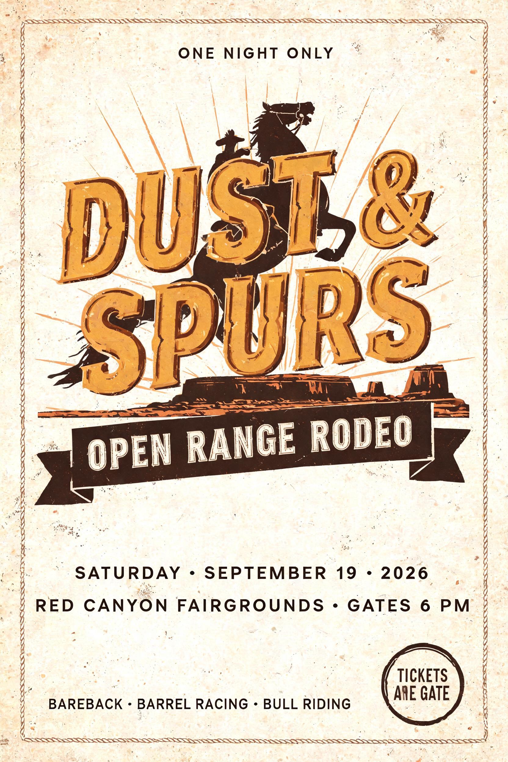 "DUST &
SPURS
OPEN RANGE RODEO
SATURDAY · SEPTEMBER 19 · 2026
RED CANYON FAIRGROUNDS · GATES 6 PM
BAREBACK · BARREL RACING · BULL RIDING
ONE NIGHT ONLY
TICKETS AT THE GATE" —  | AI Text Effect Generator