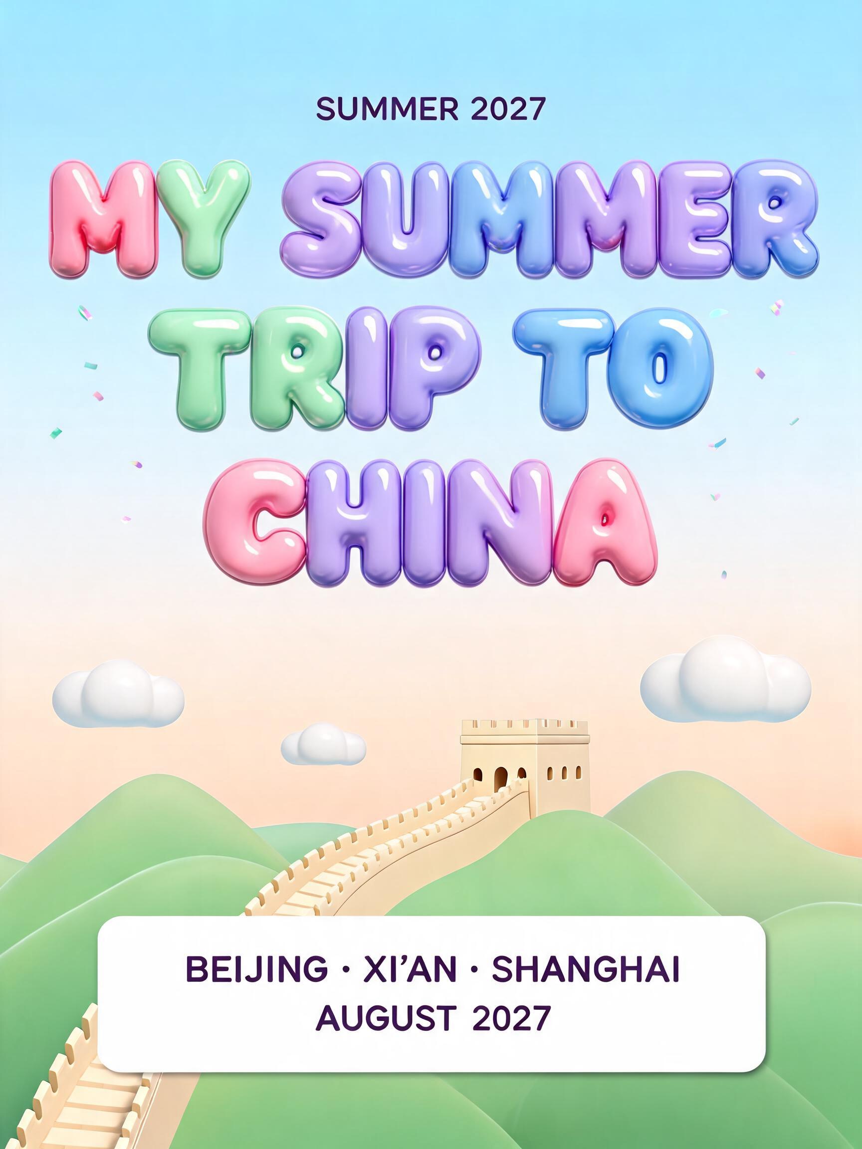 MY SUMMER
TRIP TO
CHINA
SUMMER 2027
BEIJING · XI’AN · SHANGHAI
AUGUST 2027