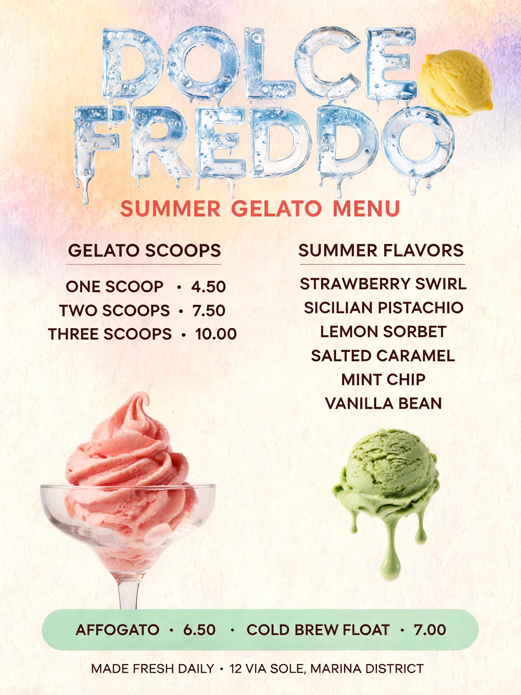"Make a summer menu for the gelato bar Dolce Freddo" — Drip Font Ice text effect