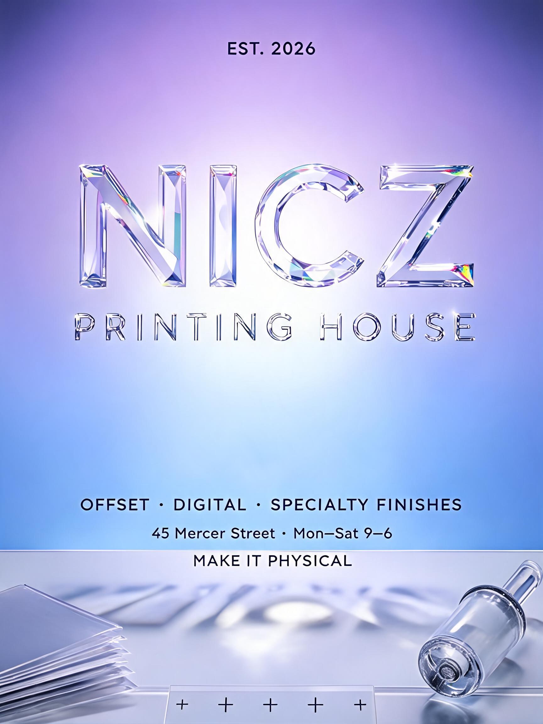 "NICZ PRINTING HOUSE" — Glass text effect