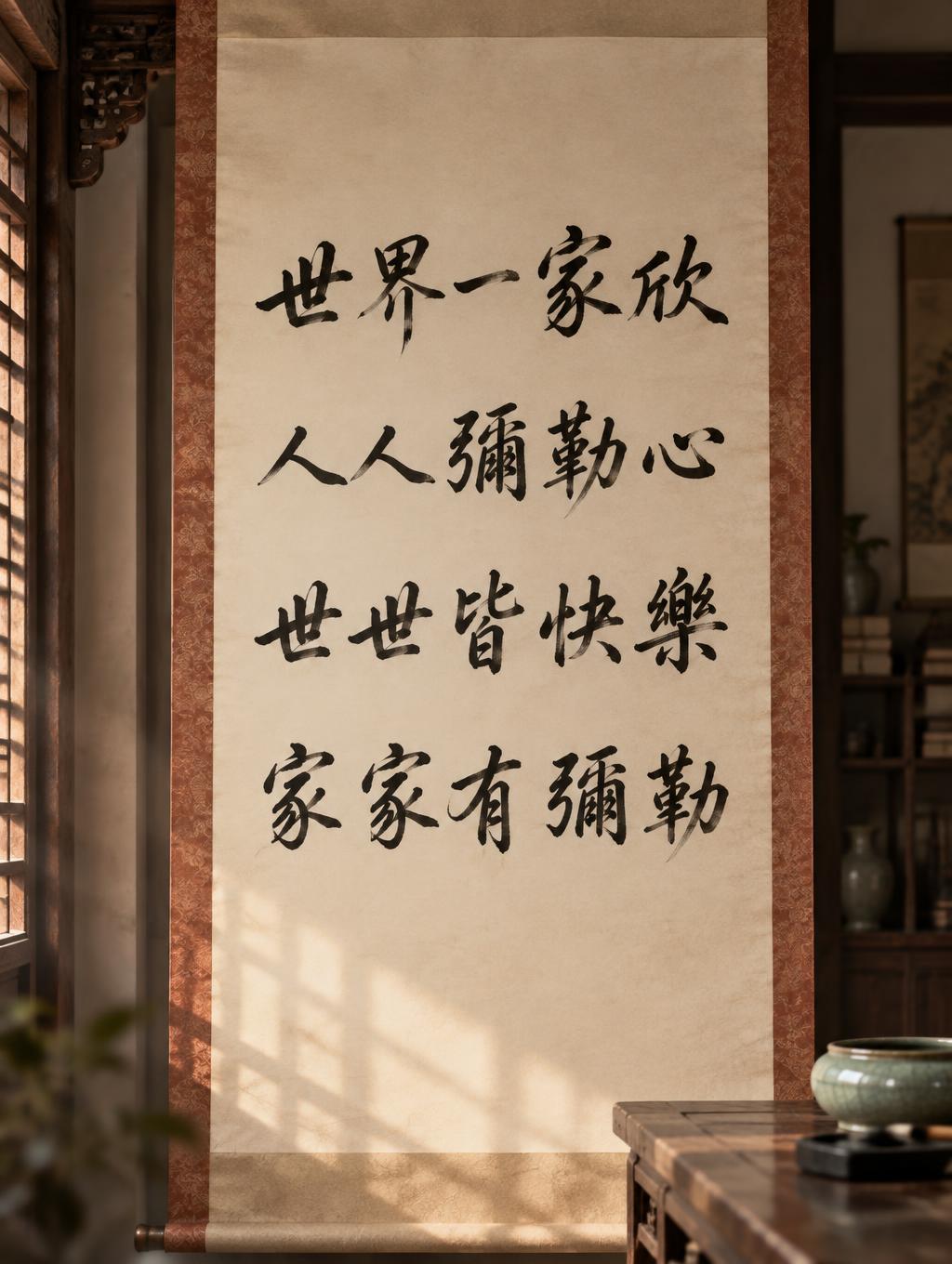 "世界一家欣
人人彌勒心
世世皆快樂
家家有彌勒" —  | AI Text Effect Generator