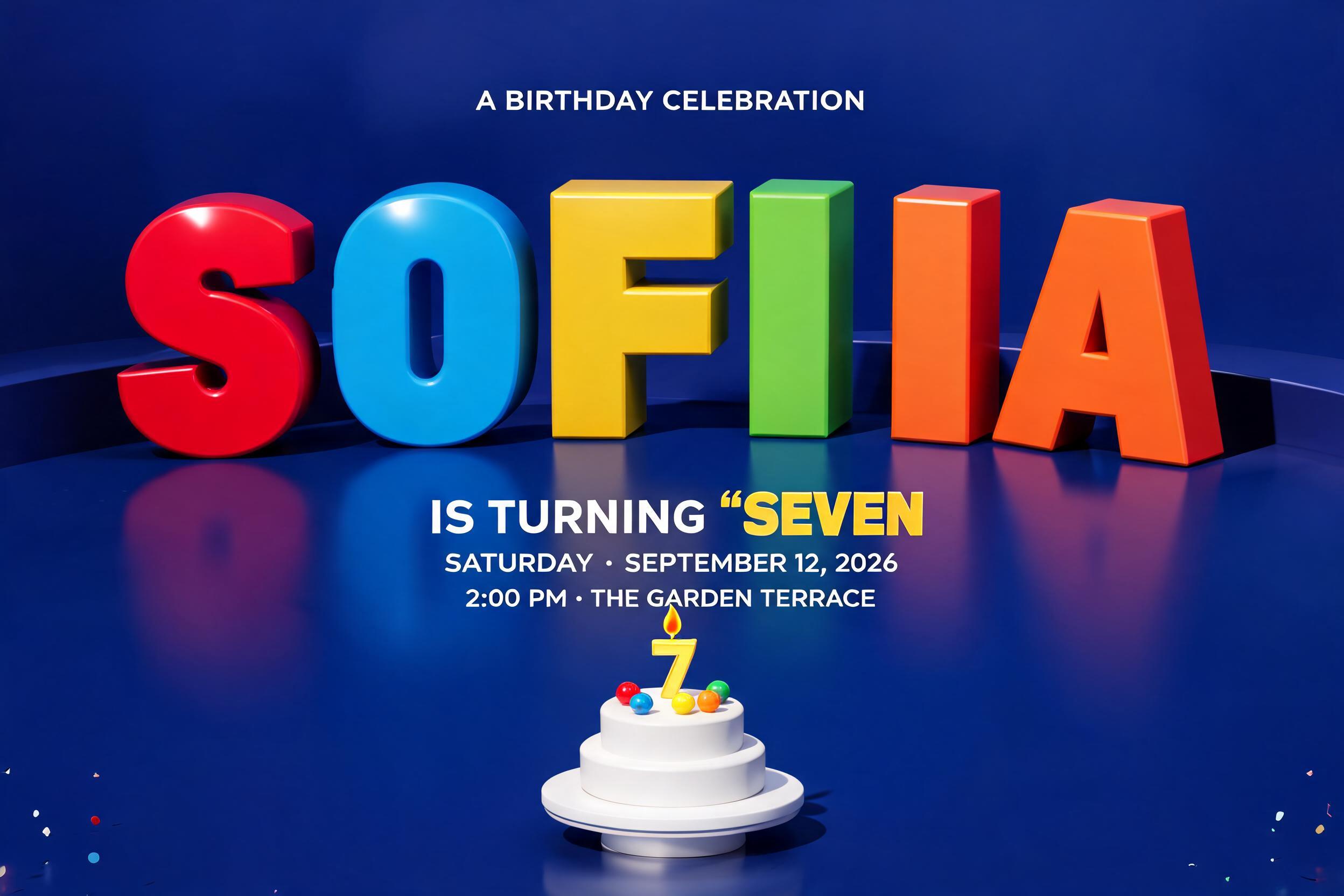 SOFIA
A BIRTHDAY CELEBRATION
IS TURNING SEVEN
SATURDAY · SEPTEMBER 12, 2026
2:00 PM · THE GARDEN TERRACE