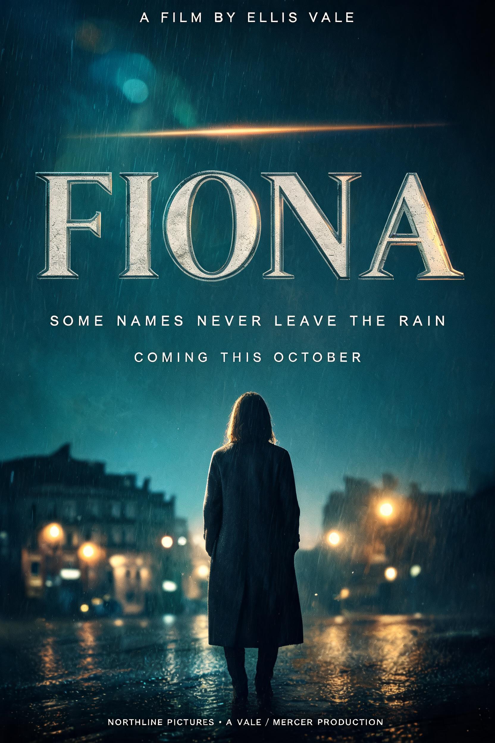 "A FILM BY ELLIS VALE
FIONA
SOME NAMES NEVER LEAVE THE RAIN
COMING THIS OCTOBER
NORTHLINE PICTURES · A VALE / MERCER PRODUCTION" — Cinematic | AI Text Effect Generator