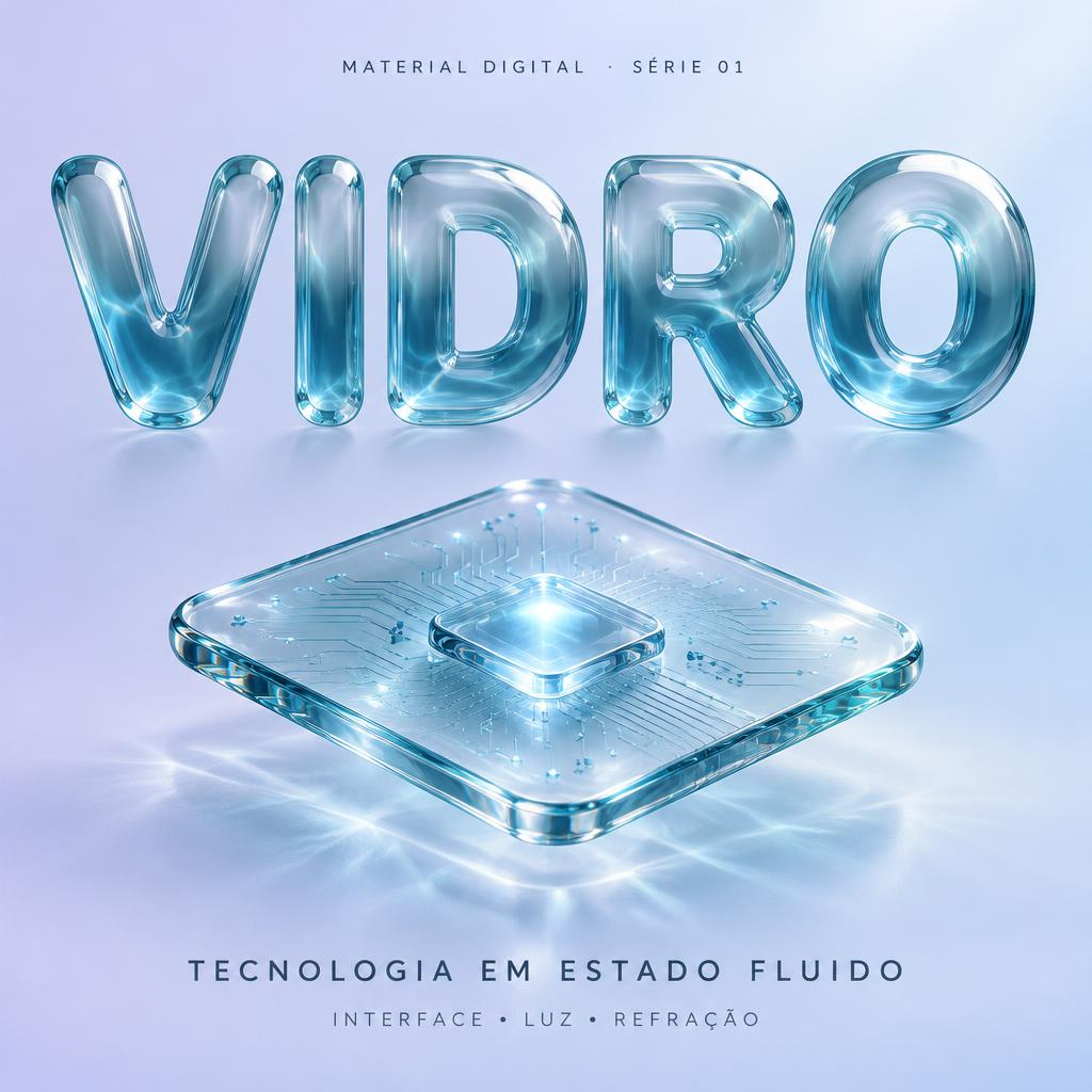 "VIDRO
MATERIAL DIGITAL · SÉRIE 01
TECNOLOGIA EM ESTADO FLUIDO
INTERFACE • LUZ • REFRAÇÃO" — Glass Liquid | AI Text Effect Generator