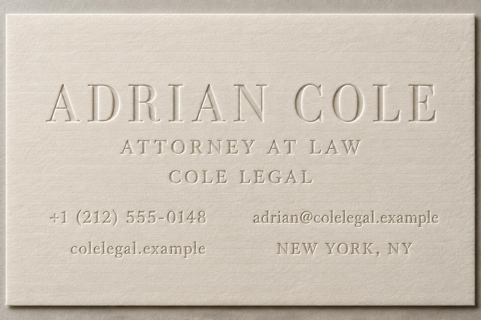 "ADRIAN COLE
ATTORNEY AT LAW
COLE LEGAL
+1 (212) 555-0148
adrian@colelegal.example
colelegal.example
NEW YORK, NY" — Emboss | AI Text Effect Generator
