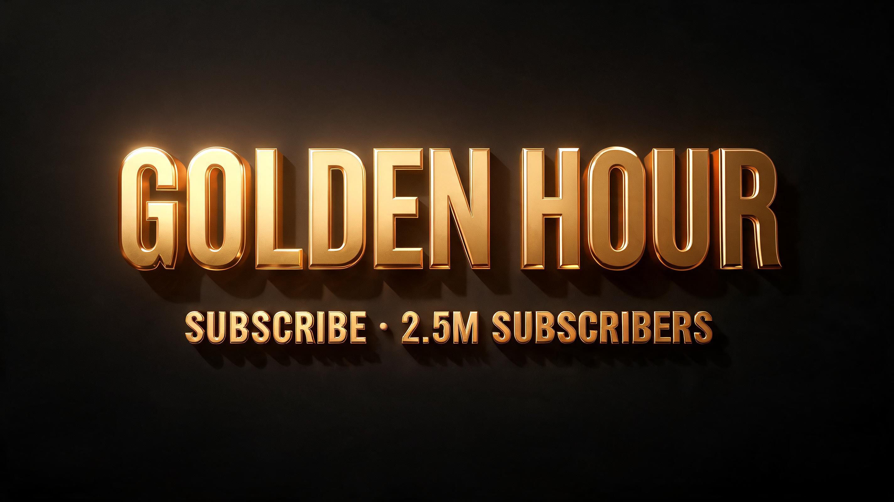 "GOLDEN HOUR
SUBSCRIBE · 2.5M SUBSCRIBERS" — 3d Bold Gold | AI Text Effect Generator