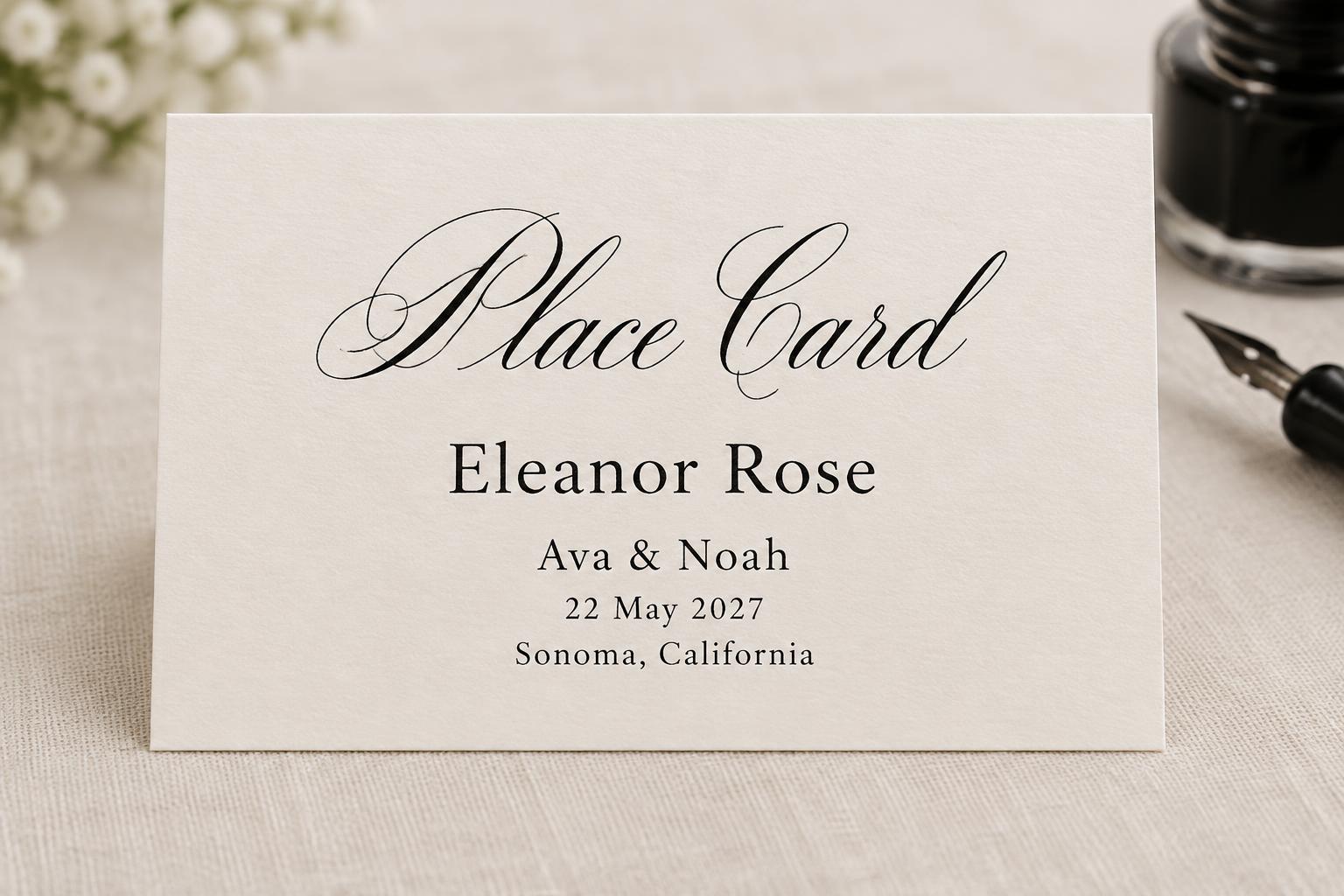 "Place Card
Eleanor Rose
Ava & Noah
22 May 2027
Sonoma, California" — Cursive Calligraphy text effect