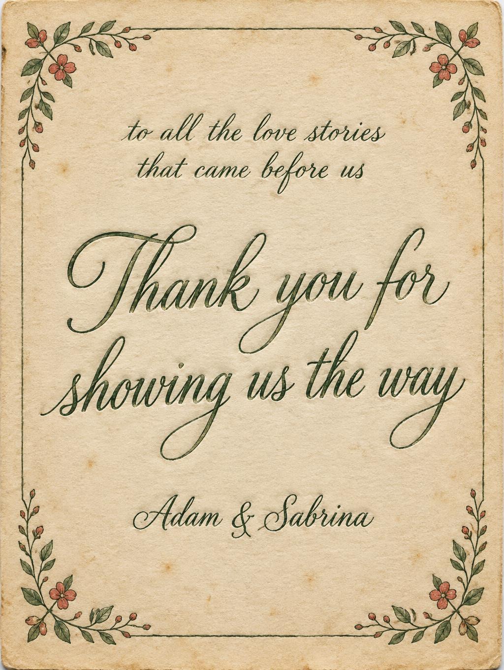 "Thank you for showing us the way
to all the love stories that came before us
Adam & Sabrina" — Vintage | AI Text Effect Generator