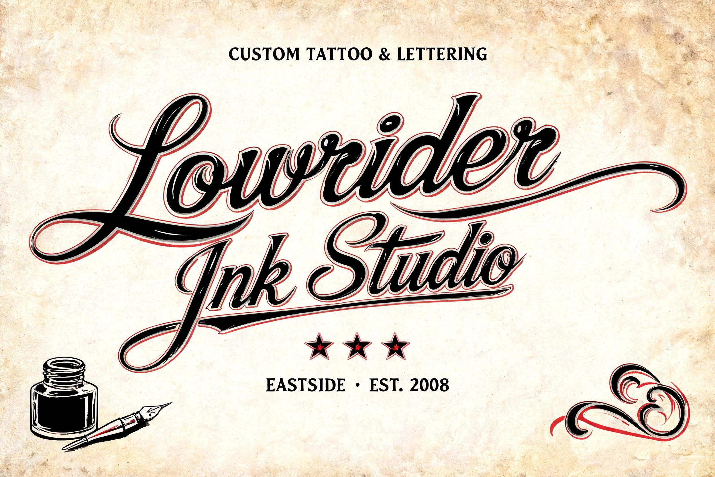 "Lowrider
Ink Studio
CUSTOM TATTOO & LETTERING
EASTSIDE • EST. 2008" — Chicano | AI Text Effect Generator