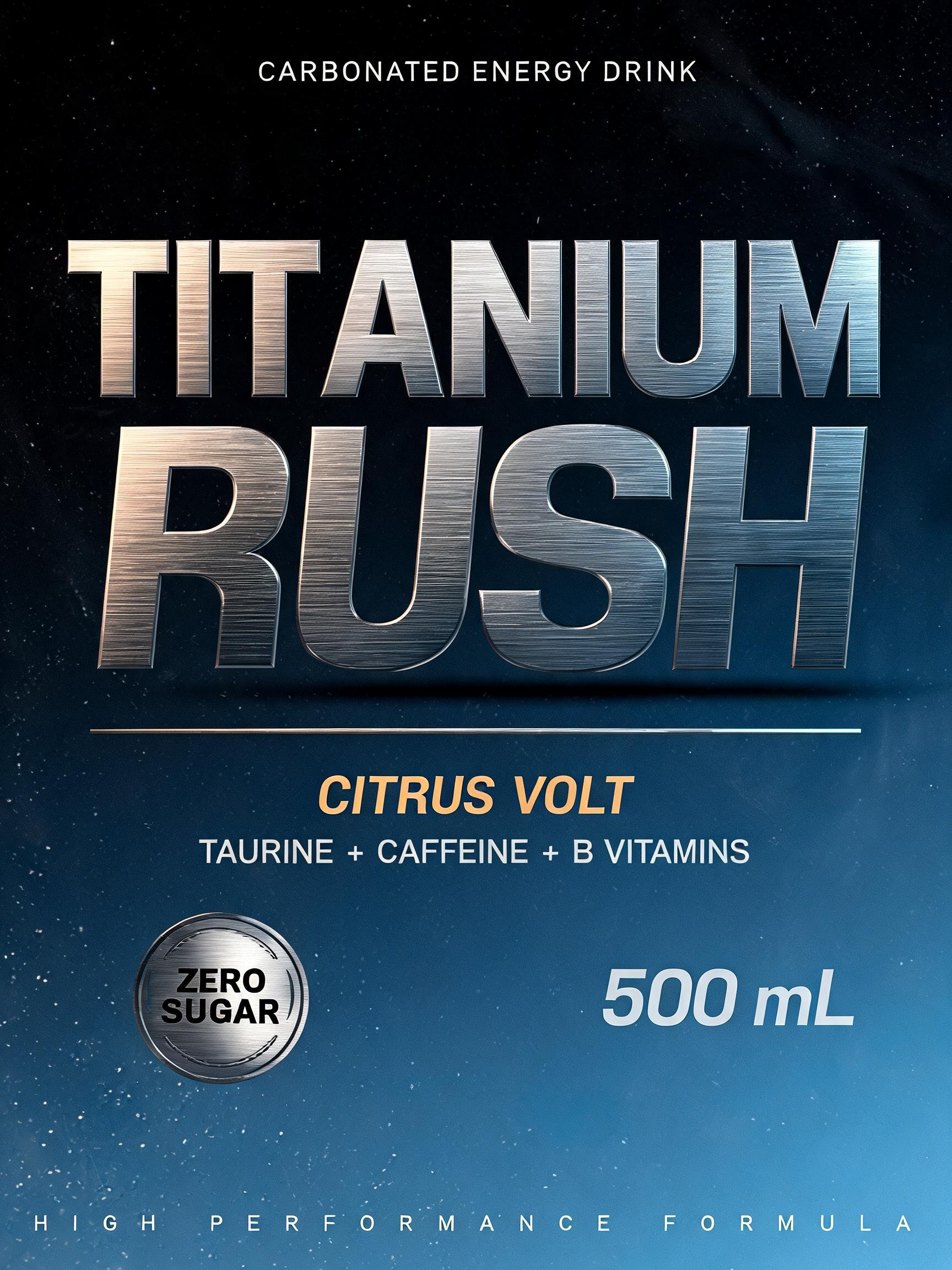 "TITANIUM
RUSH
CARBONATED ENERGY DRINK
CITRUS VOLT
TAURINE + CAFFEINE + B VITAMINS
ZERO SUGAR
500 mL
HIGH PERFORMANCE FORMULA" — Metallic | AI Text Effect Generator