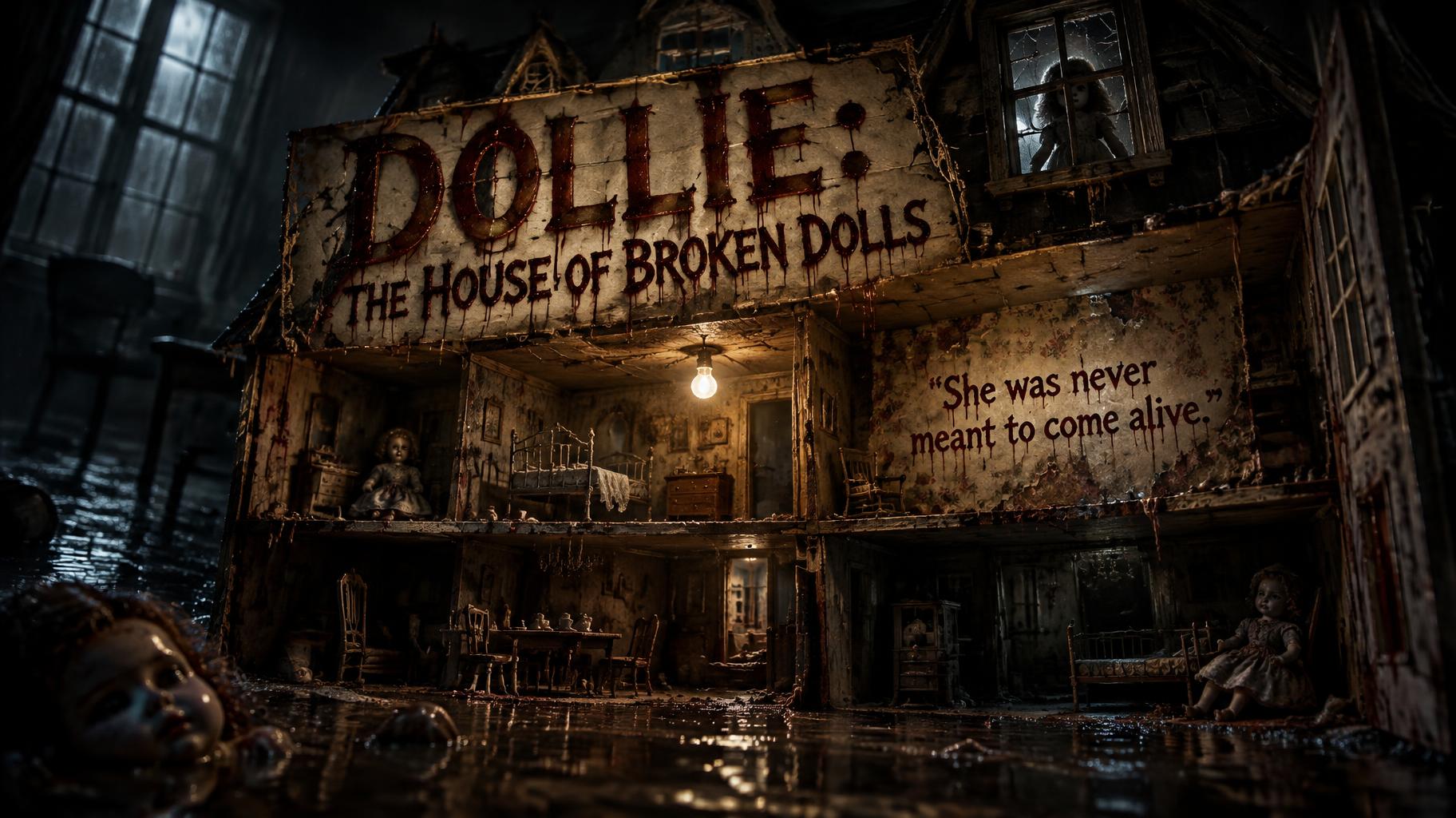 "DOLLIE: THE HOUSE OF BROKEN DOLLS
“She was never meant to come alive.”" — Cinematic Horror | AI Text Effect Generator