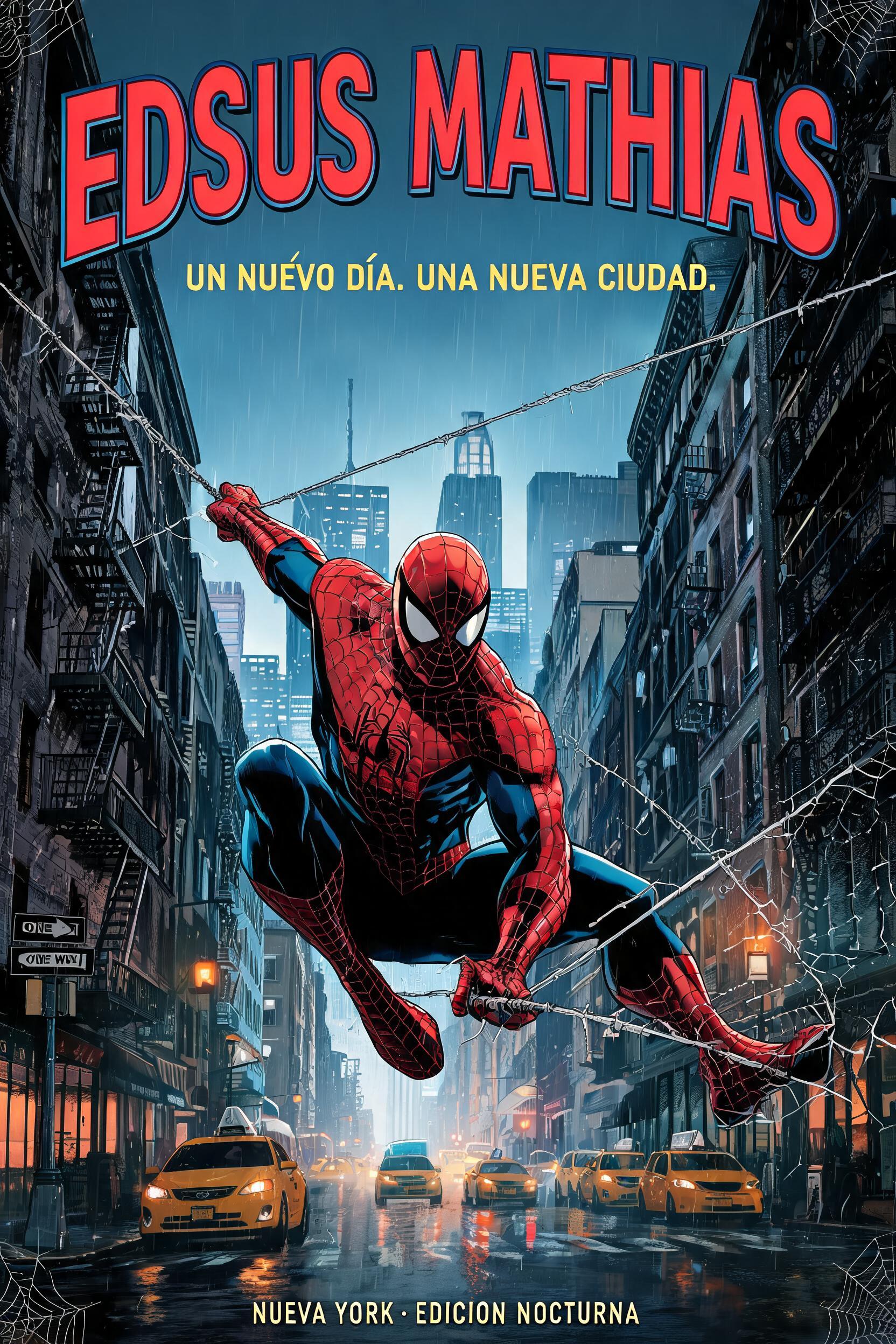 "EDSUS MATHIAS
UN NUEVO DÍA. UNA NUEVA CIUDAD.
NUEVA YORK · EDICIÓN NOCTURNA" — Spider Hero text effect
