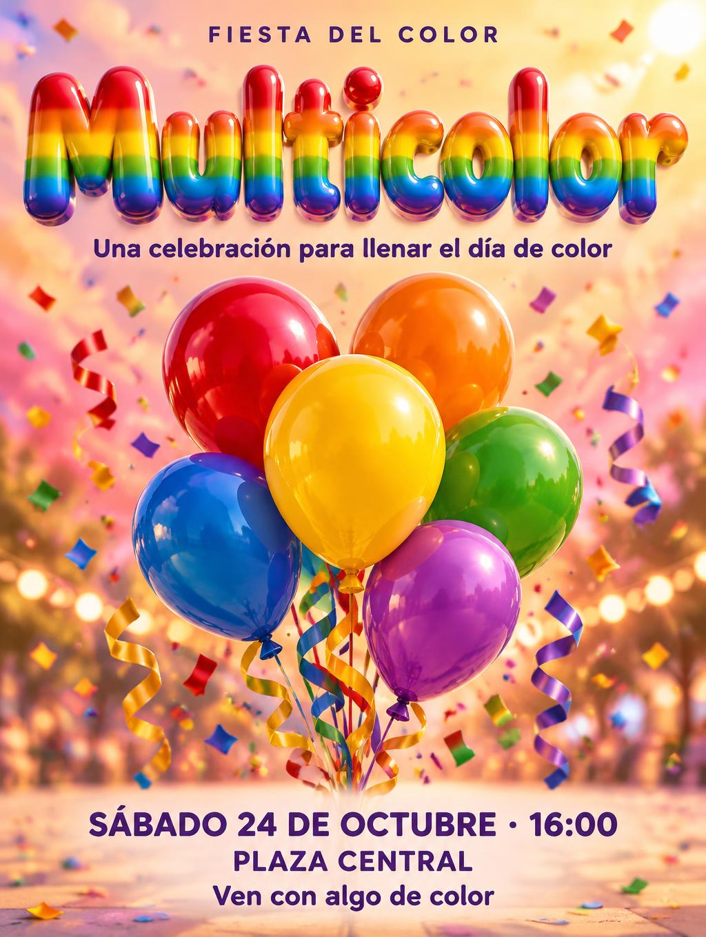 "Multicolor
FIESTA DEL COLOR
Una celebración para llenar el día de color
SÁBADO 24 DE OCTUBRE · 16:00
PLAZA CENTRAL
Ven con algo de color" — Rainbow | AI Text Effect Generator