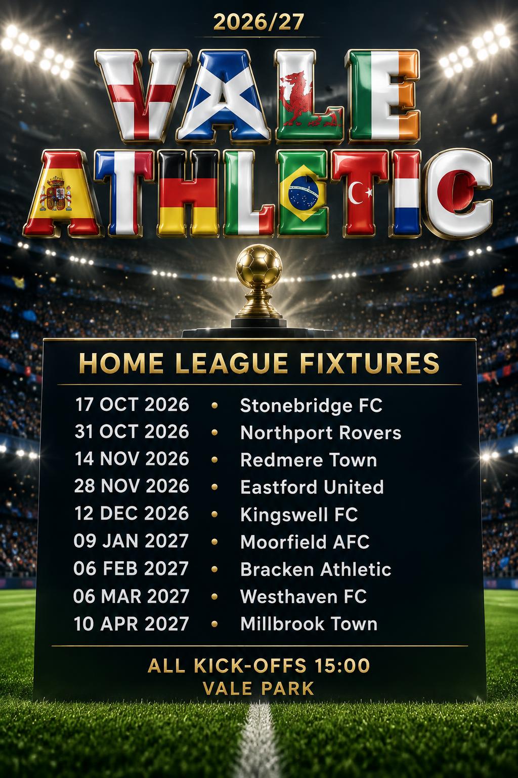 VALE
ATHLETIC
2026/27
HOME LEAGUE FIXTURES
17 OCT 2026  ·  Stonebridge FC
31 OCT 2026  ·  Northport Rovers
14 NOV 2026  ·  Redmere Town
28 NOV 2026  ·  Eastford United
12 DEC 2026  ·  Kingswell FC
09 JAN 2027  ·  Moorfield AFC
06 FEB 2027  ·  Bracken Athletic
06 MAR 2027  ·  Westhaven FC
10 APR 2027  ·  Millbrook Town
ALL KICK-OFFS 15:00
VALE PARK