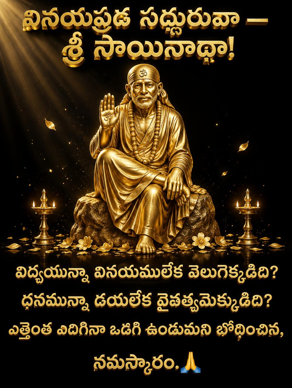 "వినయప్రద సద్గురువా — శ్రీ సాయినాథా!
విద్యయున్నా వినయములేక వెలుగెక్కడిది?
ధనమున్నా దయలేక దైవత్వమెక్కడిది?
ఎత్తెంత ఎదిగినా ఒదిగి ఉండుమని బోధించిన,
నమస్కారం.🙏" — Luxury Gold | AI Text Effect Generator
