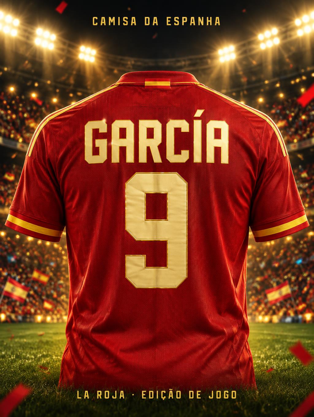 "GARCÍA 9
CAMISA DA ESPANHA
LA ROJA · EDIÇÃO DE JOGO" — Sports Football | AI Text Effect Generator
