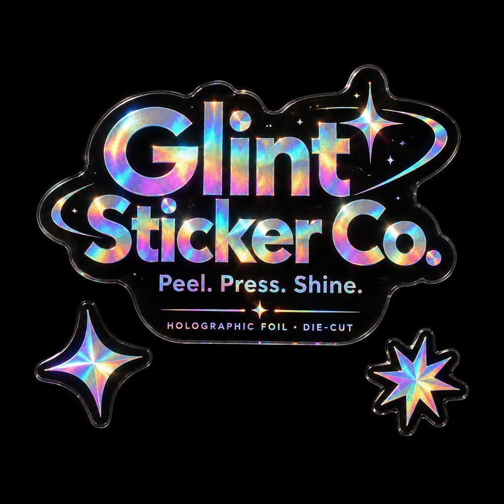 "Glint Sticker Co.
Peel. Press. Shine.
HOLOGRAPHIC FOIL · DIE-CUT" — Holographic | AI Text Effect Generator