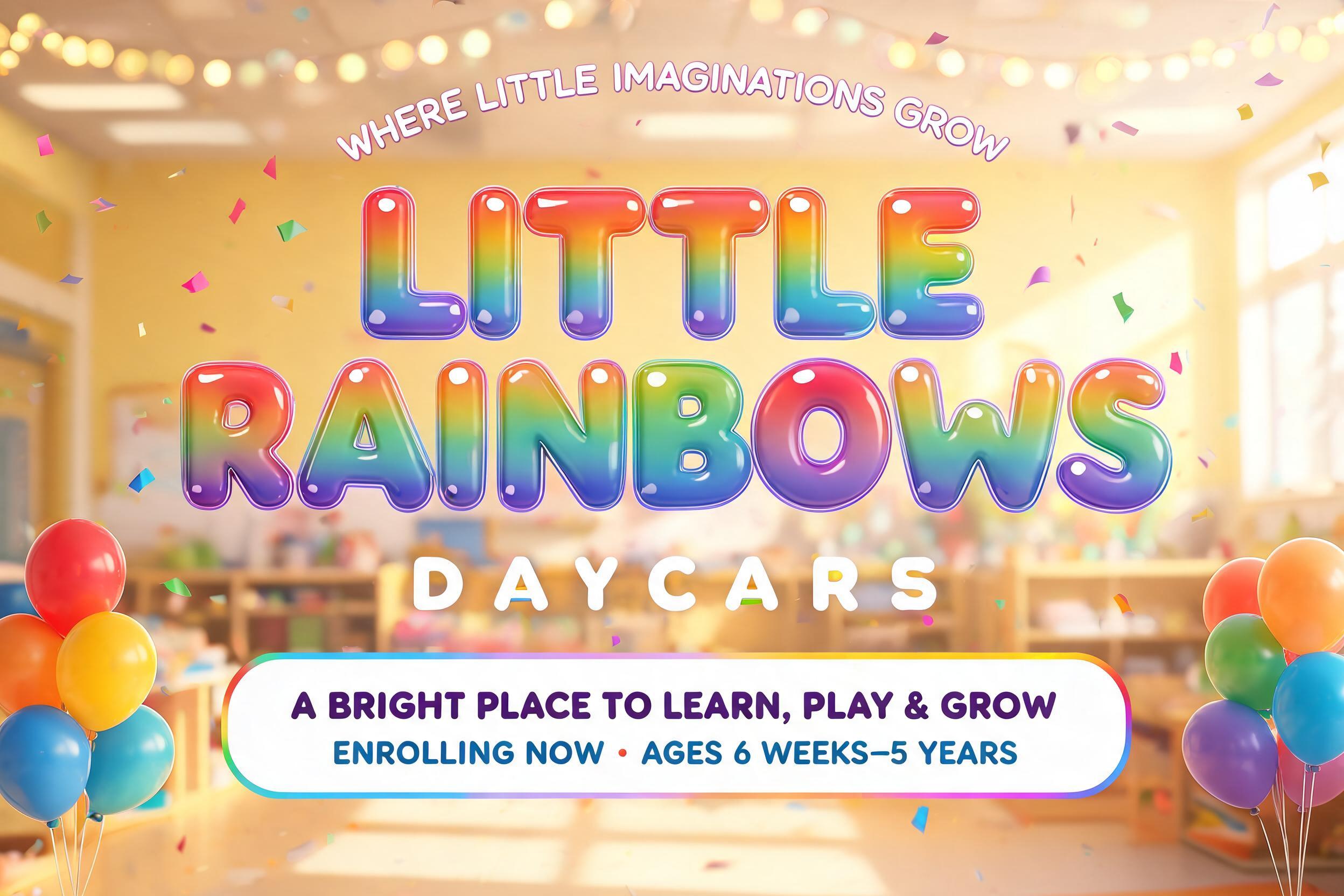 "WHERE LITTLE IMAGINATIONS GROW
LITTLE
RAINBOWS
DAYCARE
A BRIGHT PLACE TO LEARN, PLAY & GROW
ENROLLING NOW • AGES 6 WEEKS–5 YEARS" — Rainbow | AI Text Effect Generator