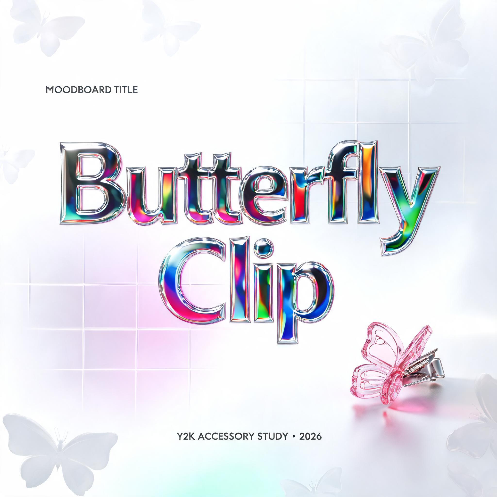 "Butterfly Clip
MOODBOARD TITLE
Y2K ACCESSORY STUDY · 2026" — Y2k Chrome text effect