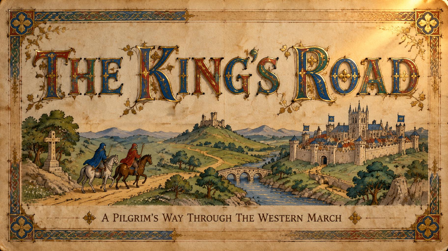 "THE KING'S ROAD
A PILGRIM'S WAY THROUGH THE WESTERN MARCH" — Medieval | AI Text Effect Generator