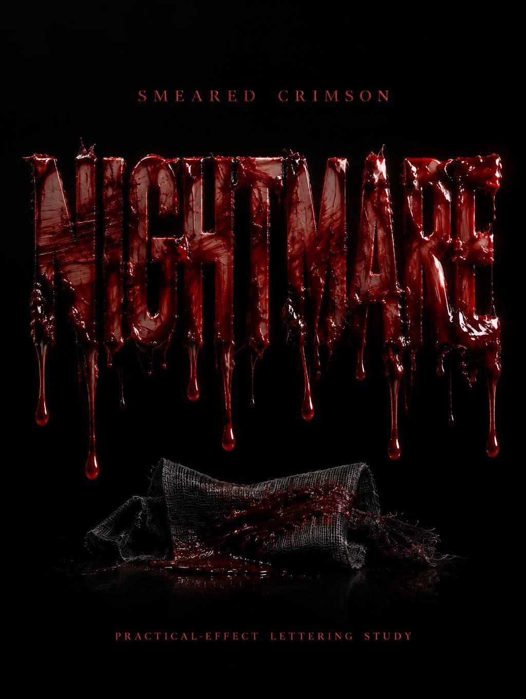 "NIGHTMARE
SMEARED CRIMSON
PRACTICAL-EFFECT LETTERING STUDY" — Drip Font Blood | AI Text Effect Generator