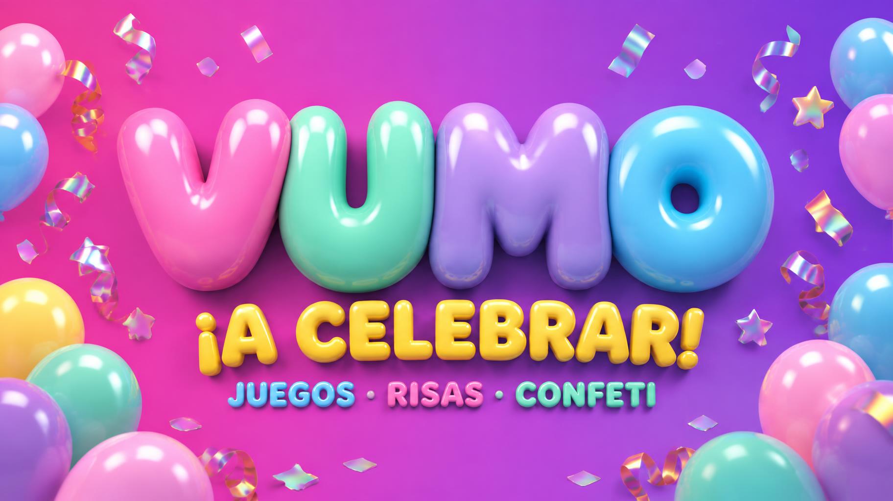 "VUMO
¡A CELEBRAR!
JUEGOS · RISAS · CONFETI" — 3d Bold Inflated | AI Text Effect Generator