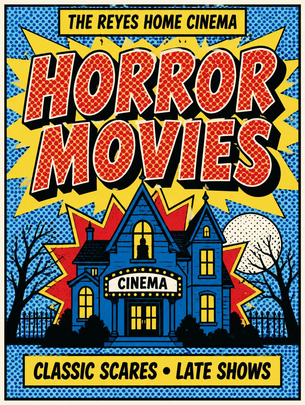 "HORROR MOVIES
THE REYES HOME CINEMA
CLASSIC SCARES • LATE SHOWS" — Pop Art | AI Text Effect Generator