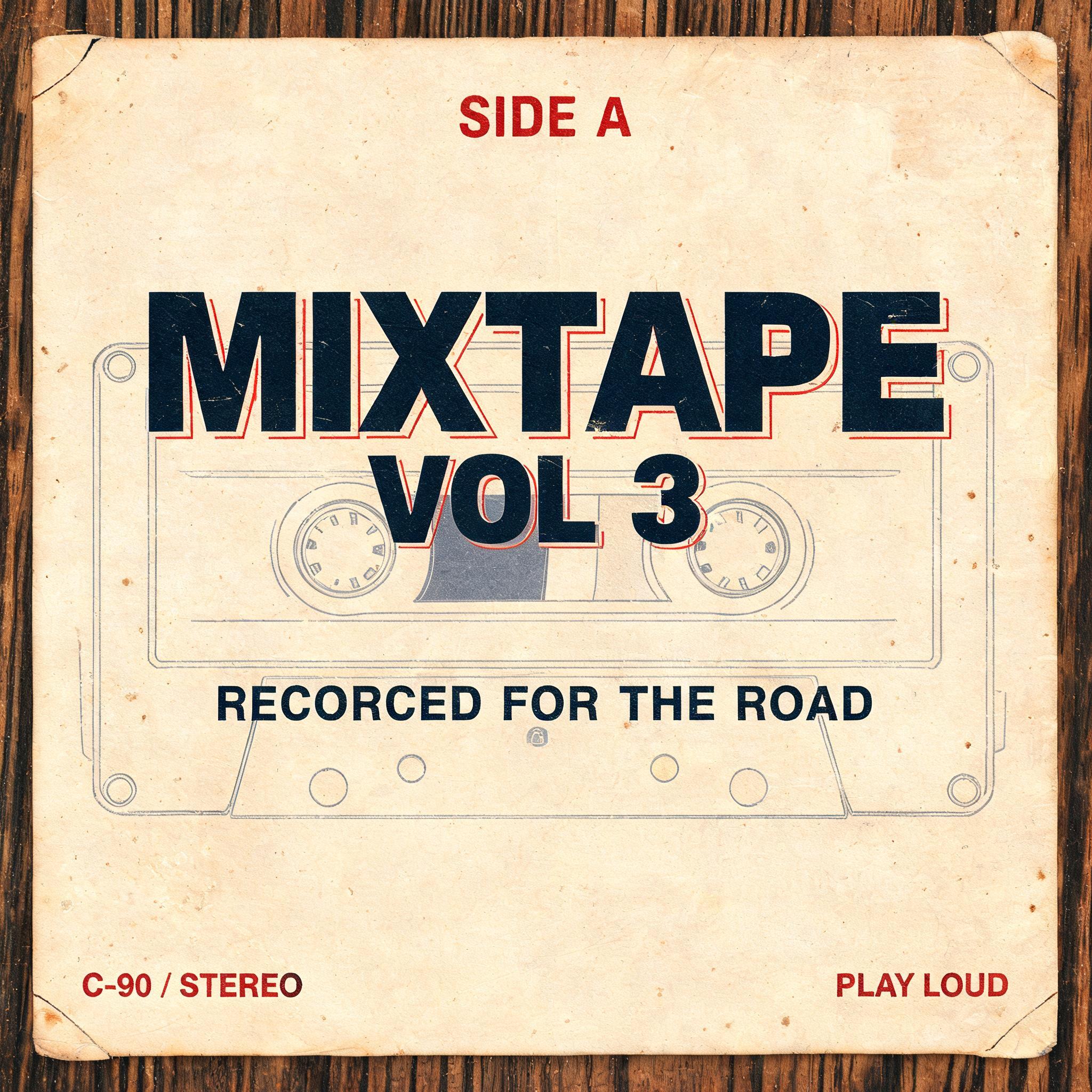 "MIXTAPE
VOL 3
SIDE A
RECORDED FOR THE ROAD
C-90 / STEREO
PLAY LOUD" — Vintage | AI Text Effect Generator