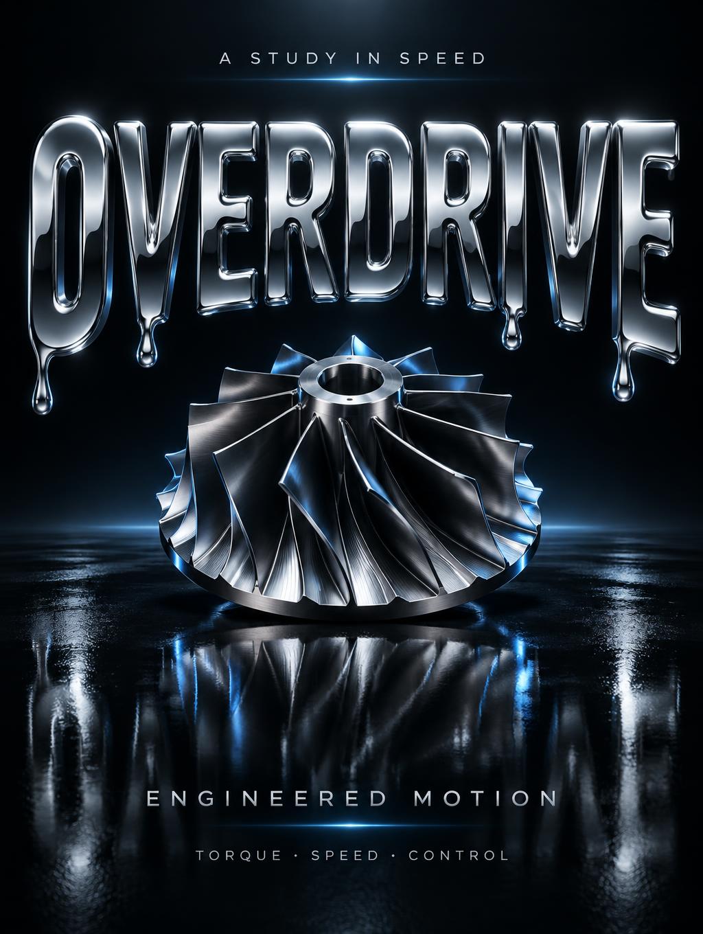 "OVERDRIVE
A STUDY IN SPEED
ENGINEERED MOTION
TORQUE · SPEED · CONTROL" — Cyberpunk Chrome text effect