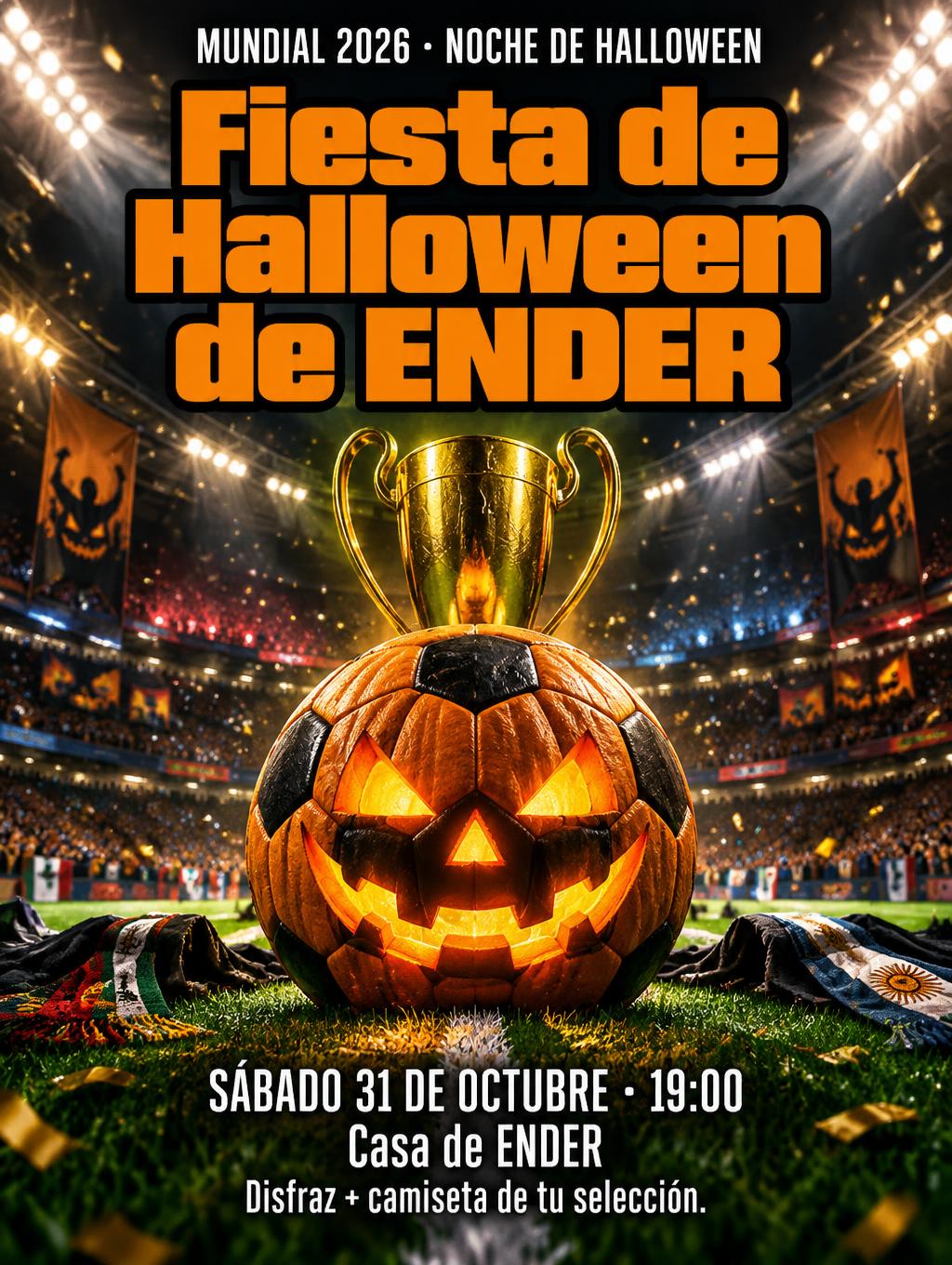 "Fiesta de Halloween de ENDER
MUNDIAL 2026 · NOCHE DE HALLOWEEN
SÁBADO 31 DE OCTUBRE · 19:00
Casa de ENDER
Disfraz + camiseta de tu selección" — Sports Football | AI Text Effect Generator