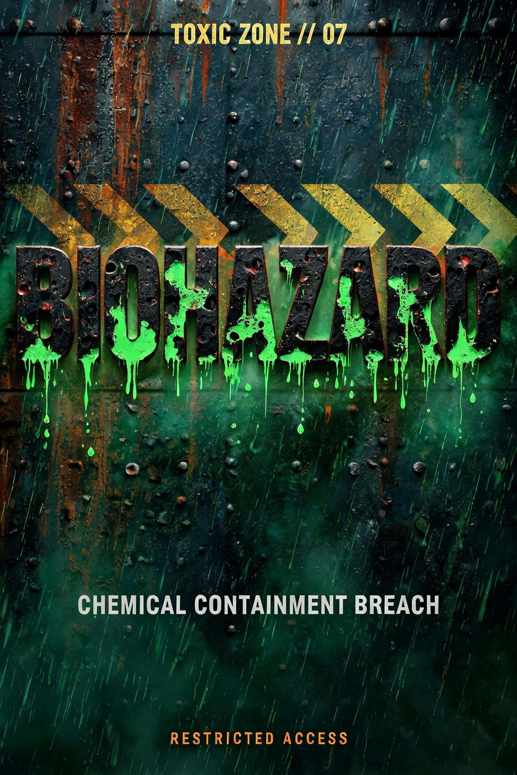 "BIOHAZARD
TOXIC ZONE // 07
CHEMICAL CONTAINMENT BREACH
RESTRICTED ACCESS" — Cyberpunk Acid Rain text effect