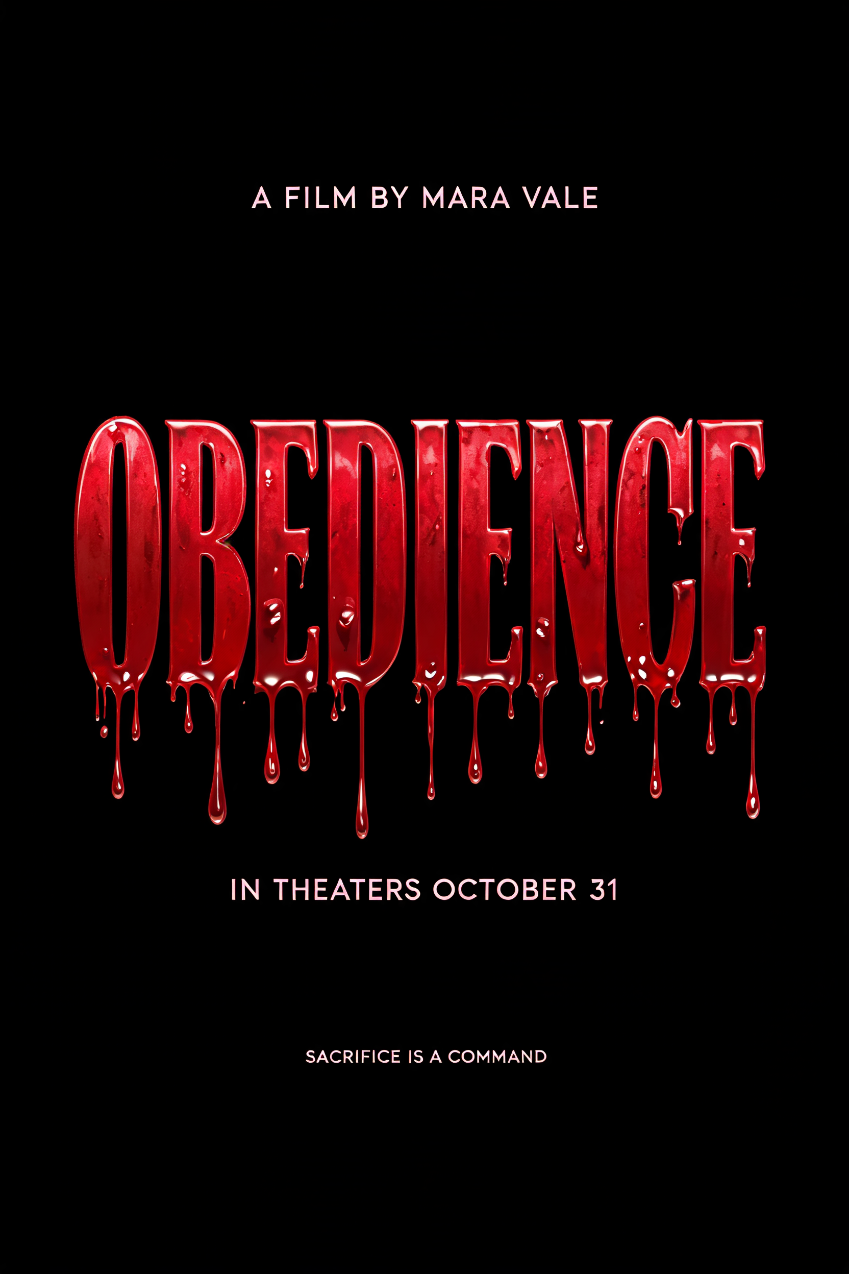 "OBEDIENCE
A FILM BY MARA VALE
IN THEATERS OCTOBER 31
SACRIFICE IS A COMMAND" — Drip Font Blood | AI Text Effect Generator