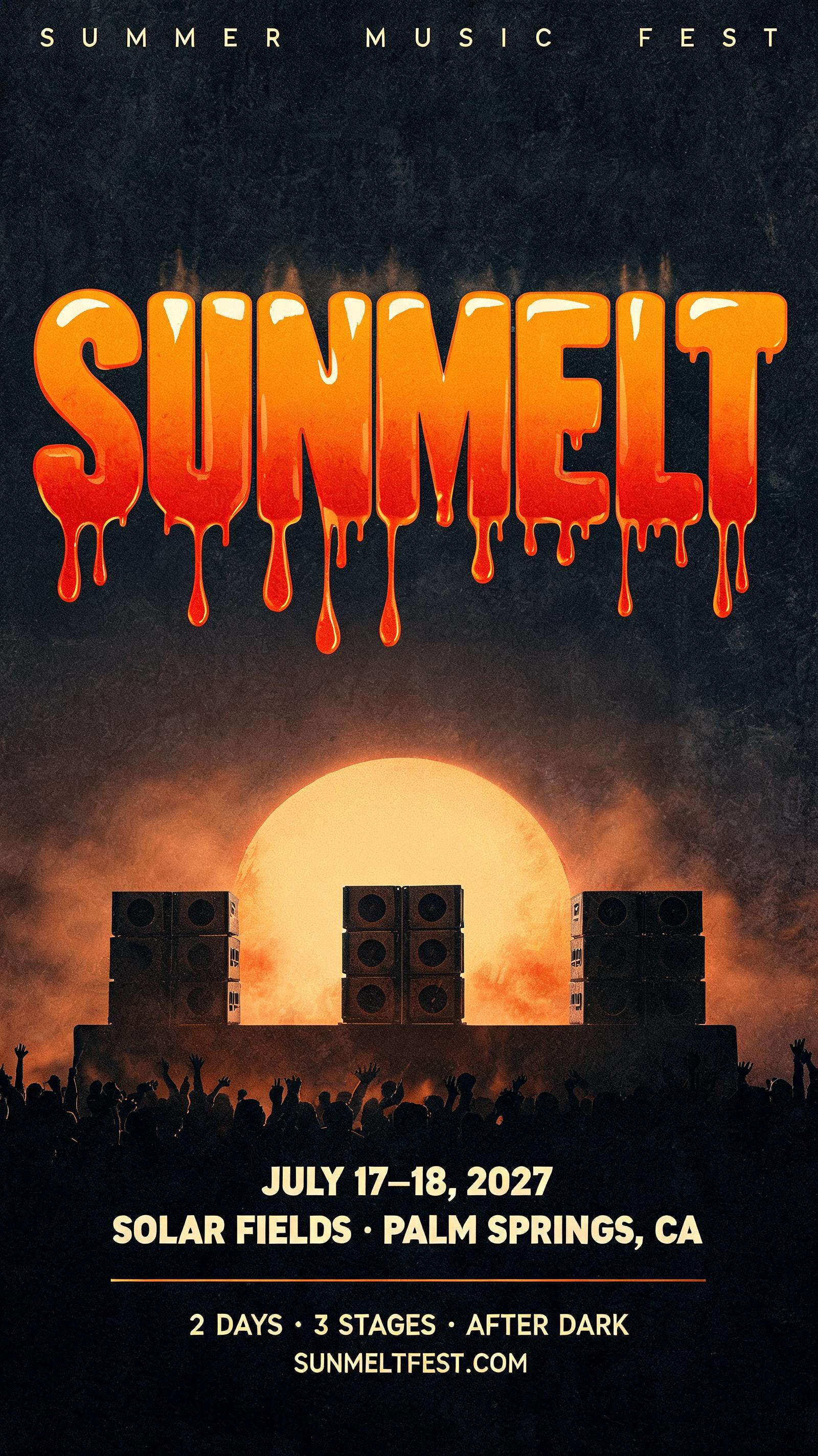 "SUNMELT
SUMMER MUSIC FEST
JULY 17–18, 2027
SOLAR FIELDS · PALM SPRINGS, CA
2 DAYS · 3 STAGES · AFTER DARK
SUNMELTFEST.COM" — Drip Font Melting text effect