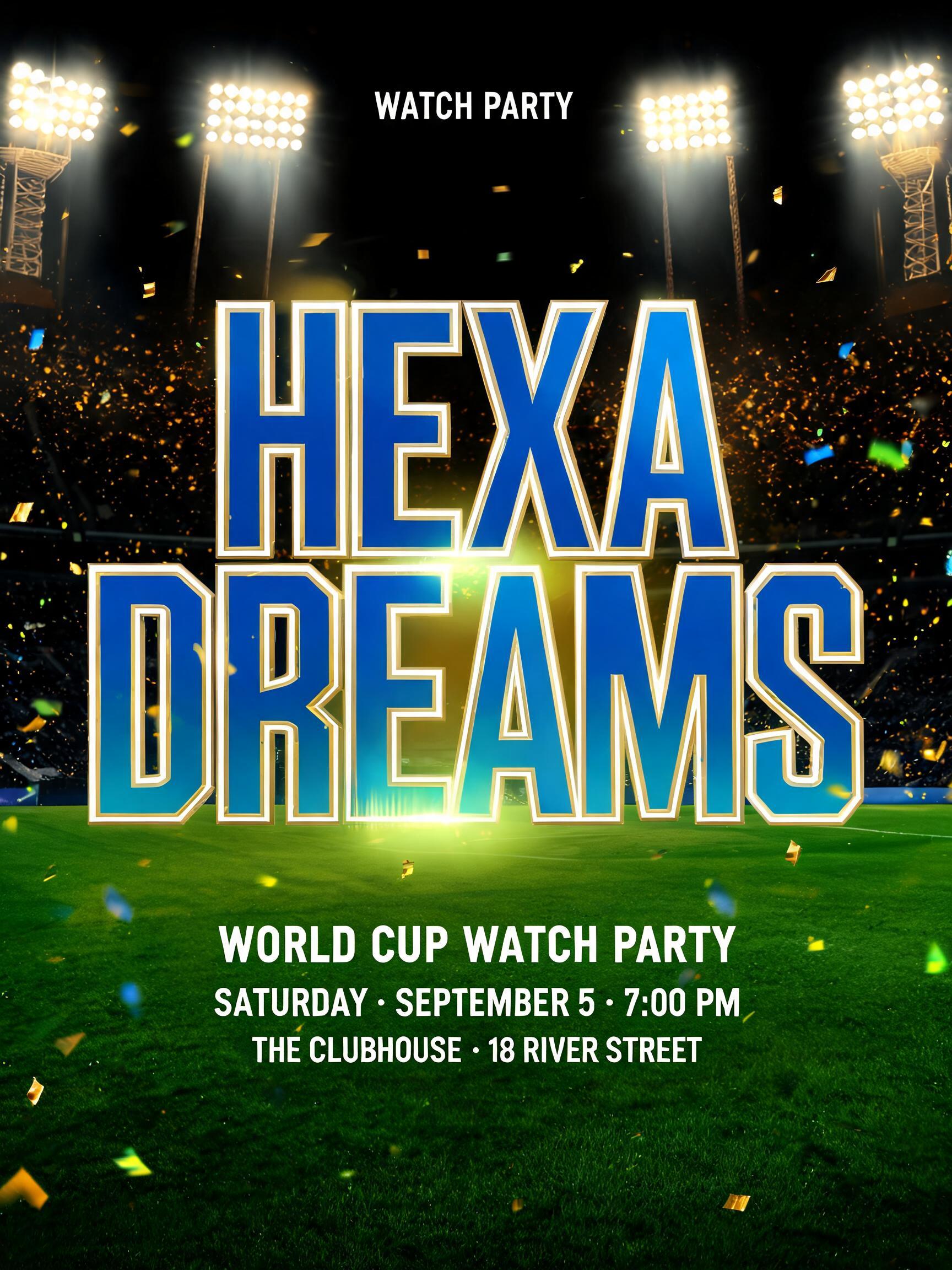 "HEXA
DREAMS
WATCH PARTY
WORLD CUP WATCH PARTY
SATURDAY · SEPTEMBER 5 · 7:00 PM
THE CLUBHOUSE · 18 RIVER STREET" — Sports Football | AI Text Effect Generator