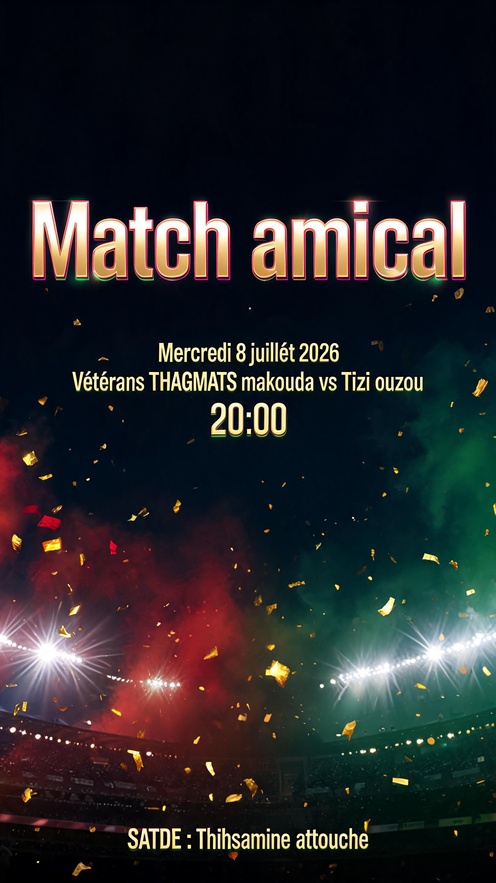"Match amical
Mercredi 8 juillet 2026
Vétérans THAGMATS makouda vs Tizi ouzou
20:00
SATDE : Thihsamine attouche" — Sports Football | AI Text Effect Generator