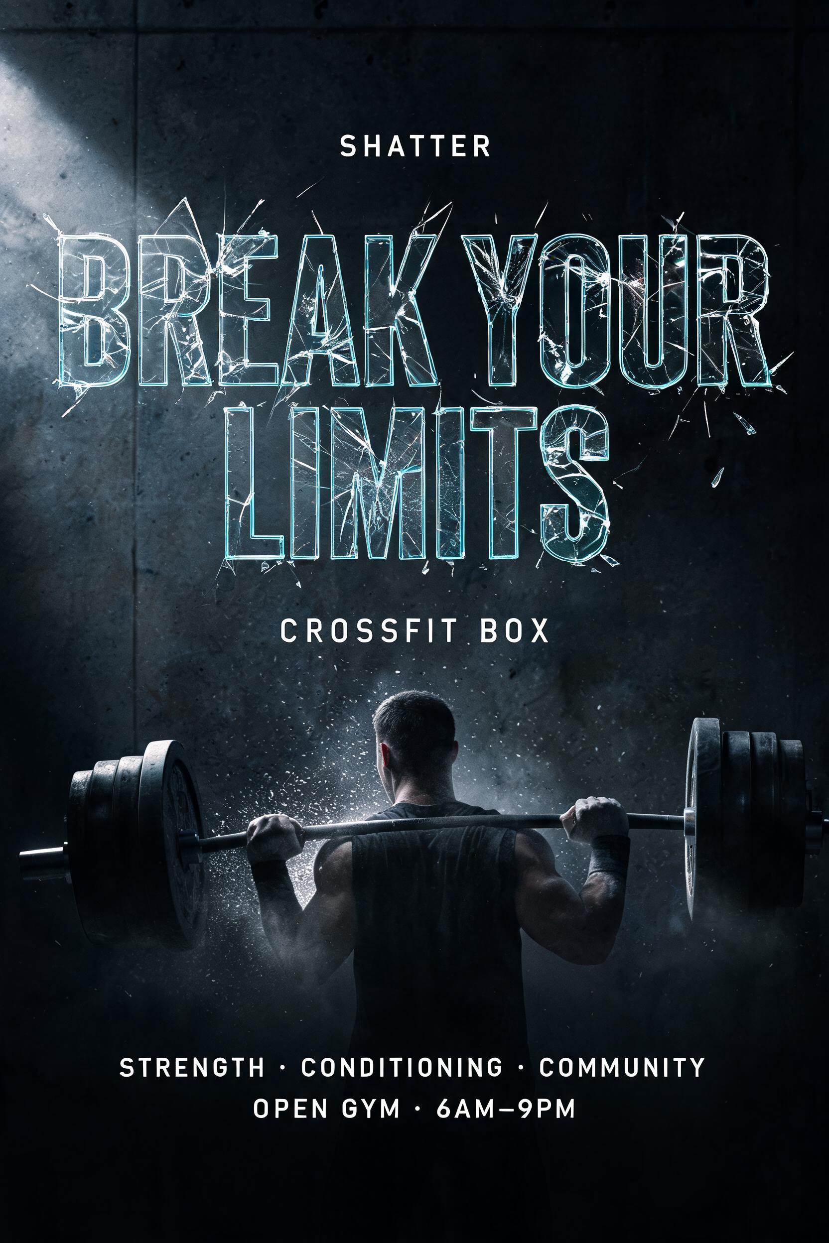 "BREAK YOUR LIMITS
SHATTER
CROSSFIT BOX
STRENGTH · CONDITIONING · COMMUNITY
OPEN GYM · 6AM–9PM" — Glass Broken text effect