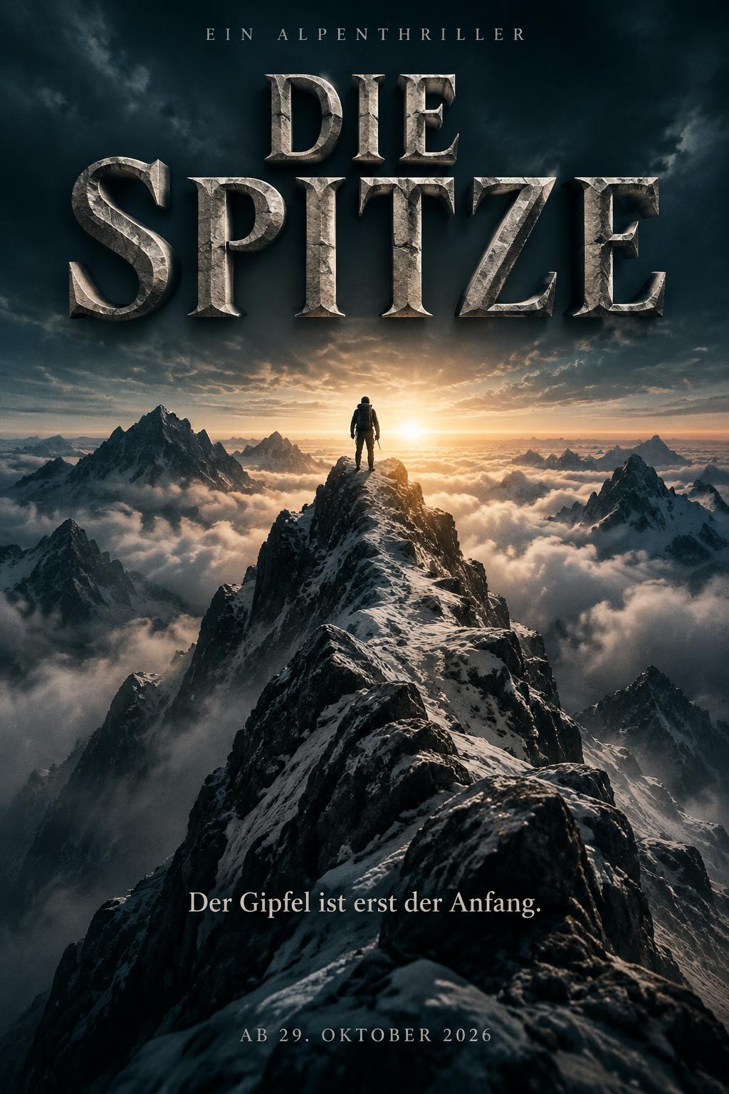 "DIE SPITZE
EIN ALPENTHRILLER
Der Gipfel ist erst der Anfang.
AB 29. OKTOBER 2026" — Cinematic | AI Text Effect Generator