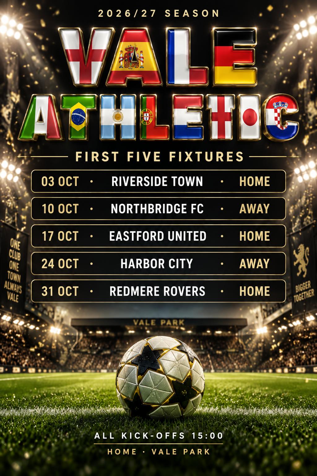 "VALE ATHLETIC
2026/27 SEASON
FIRST FIVE FIXTURES
03 OCT · RIVERSIDE TOWN · HOME
10 OCT · NORTHBRIDGE FC · AWAY
17 OCT · EASTFORD UNITED · HOME
24 OCT · HARBOR CITY · AWAY
31 OCT · REDMERE ROVERS · HOME
ALL KICK-OFFS 15:00
HOME · VALE PARK" — Sports Football text effect