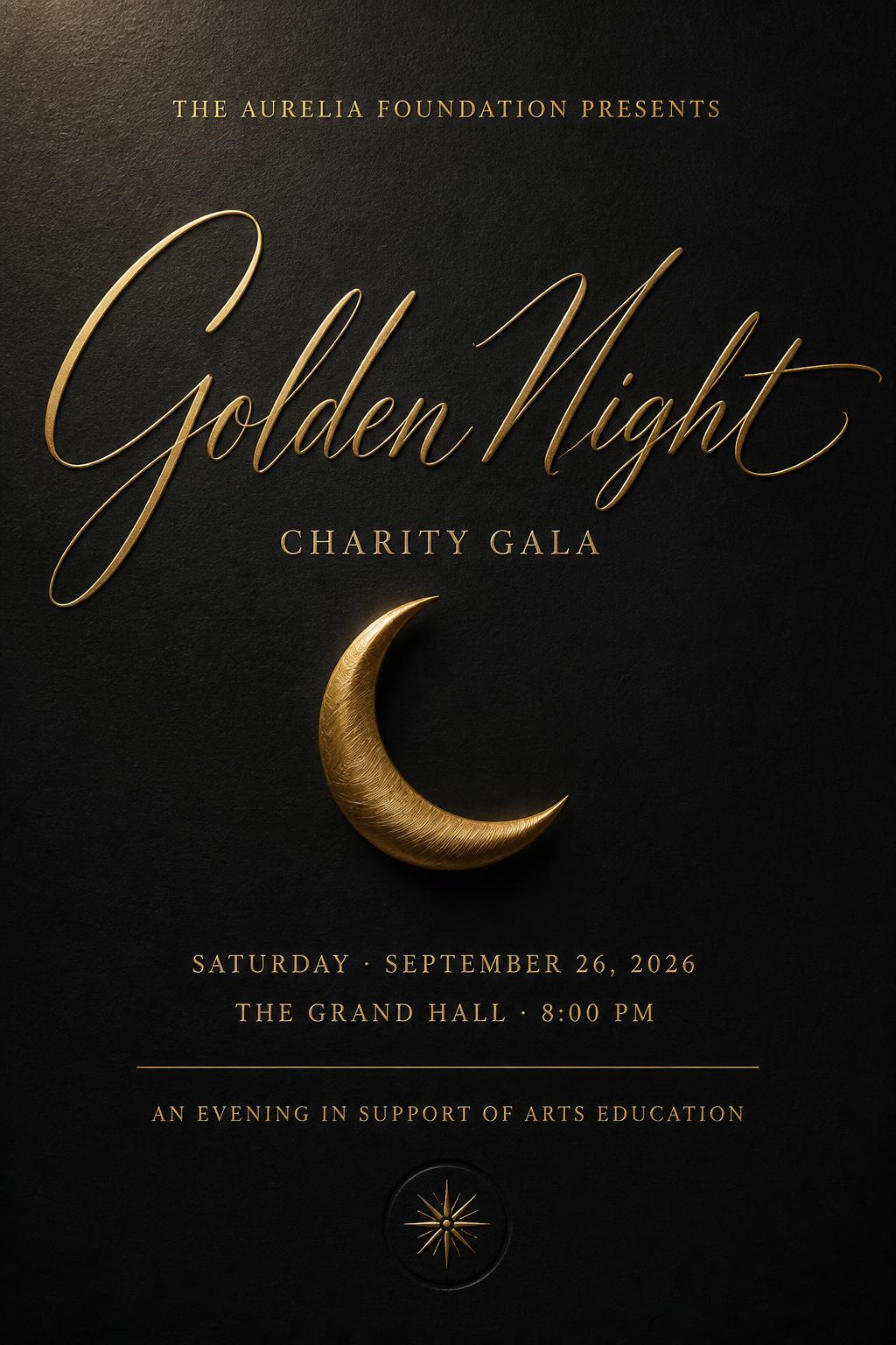 THE AURELIA FOUNDATION PRESENTS
Golden Night
CHARITY GALA
SATURDAY · SEPTEMBER 26, 2026
THE GRAND HALL · 8:00 PM
AN EVENING IN SUPPORT OF ARTS EDUCATION