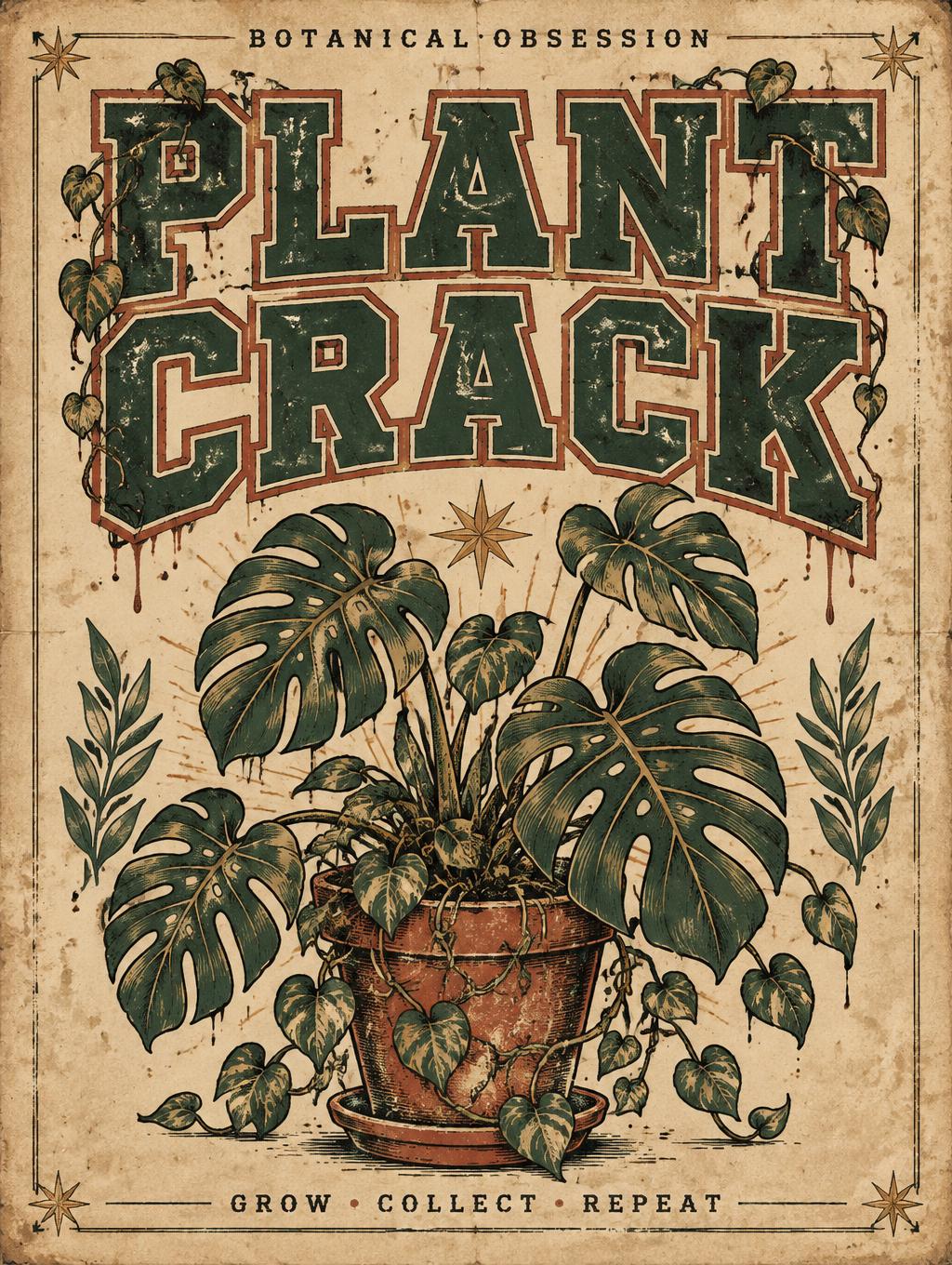 "PLANT CRACK
BOTANICAL OBSESSION
GROW • COLLECT • REPEAT" — Vintage | AI Text Effect Generator