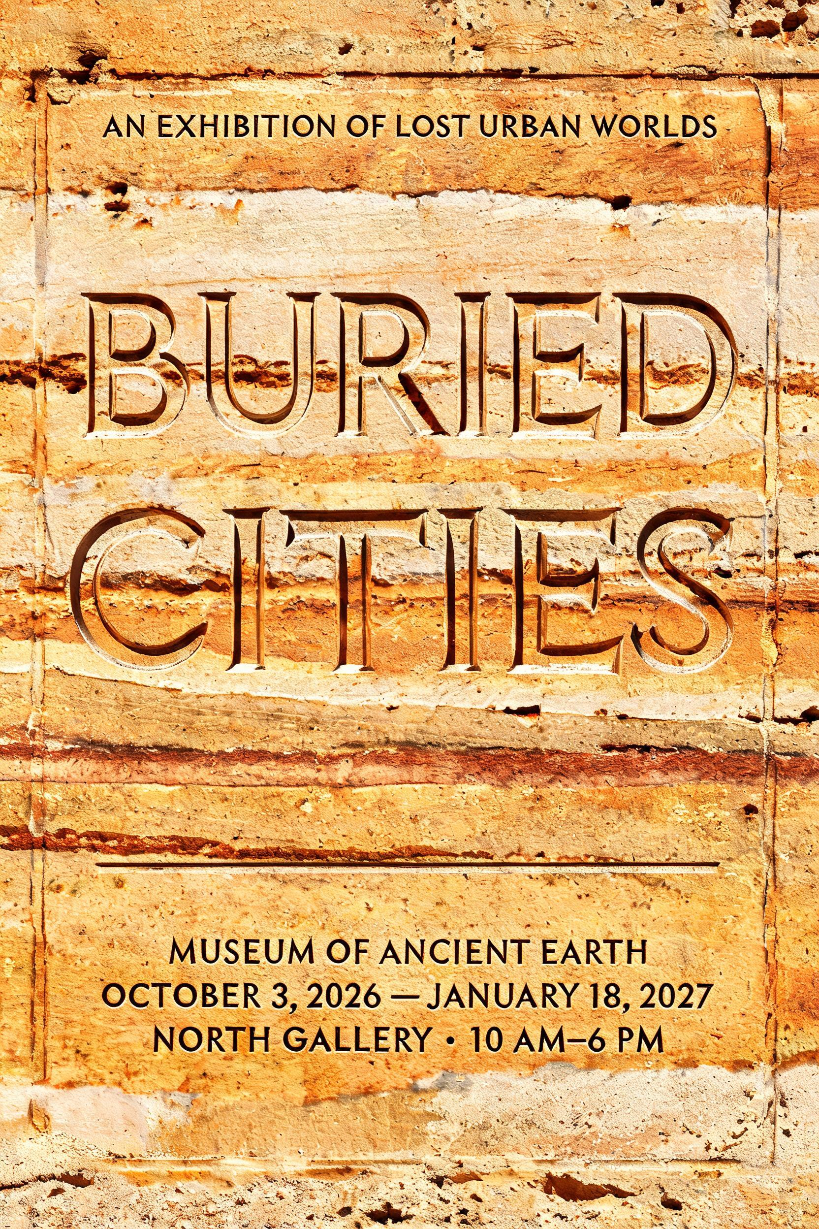 "BURIED
CITIES
AN EXHIBITION OF LOST URBAN WORLDS
MUSEUM OF ANCIENT EARTH
OCTOBER 3, 2026 — JANUARY 18, 2027
NORTH GALLERY · 10 AM–6 PM" — Sand Stone text effect