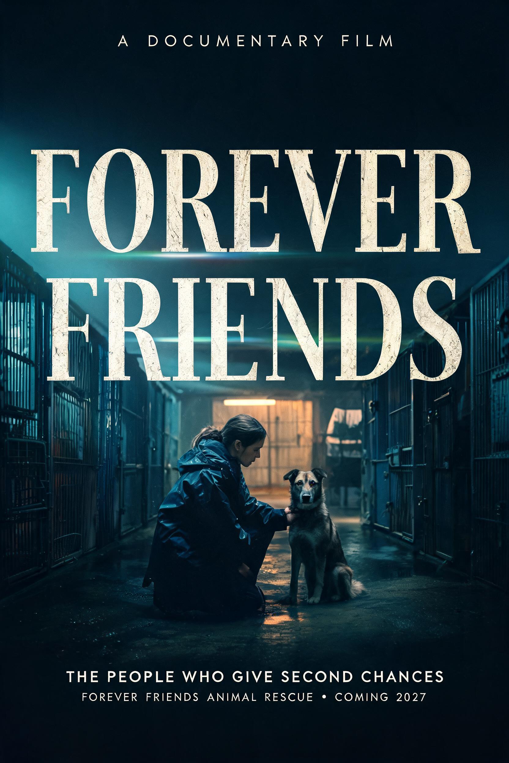 "A DOCUMENTARY FILM
FOREVER
FRIENDS
THE PEOPLE WHO GIVE SECOND CHANCES
FOREVER FRIENDS ANIMAL RESCUE  •  COMING 2027" — Cinematic Netflix | AI Text Effect Generator