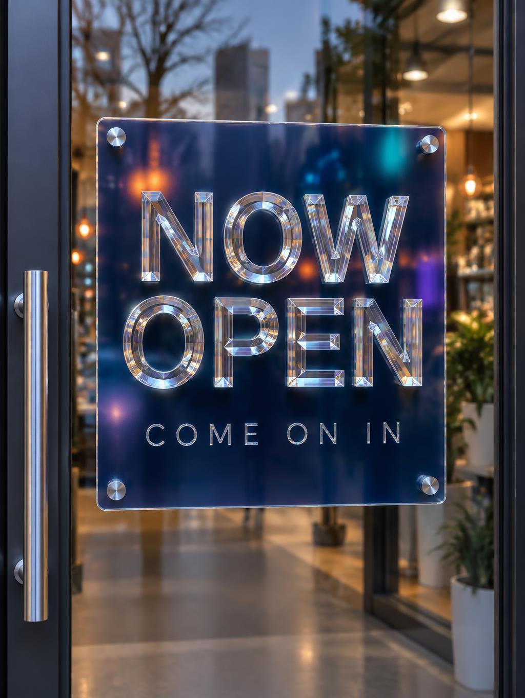"NOW OPEN
COME ON IN" — Glass Morphism | AI Text Effect Generator