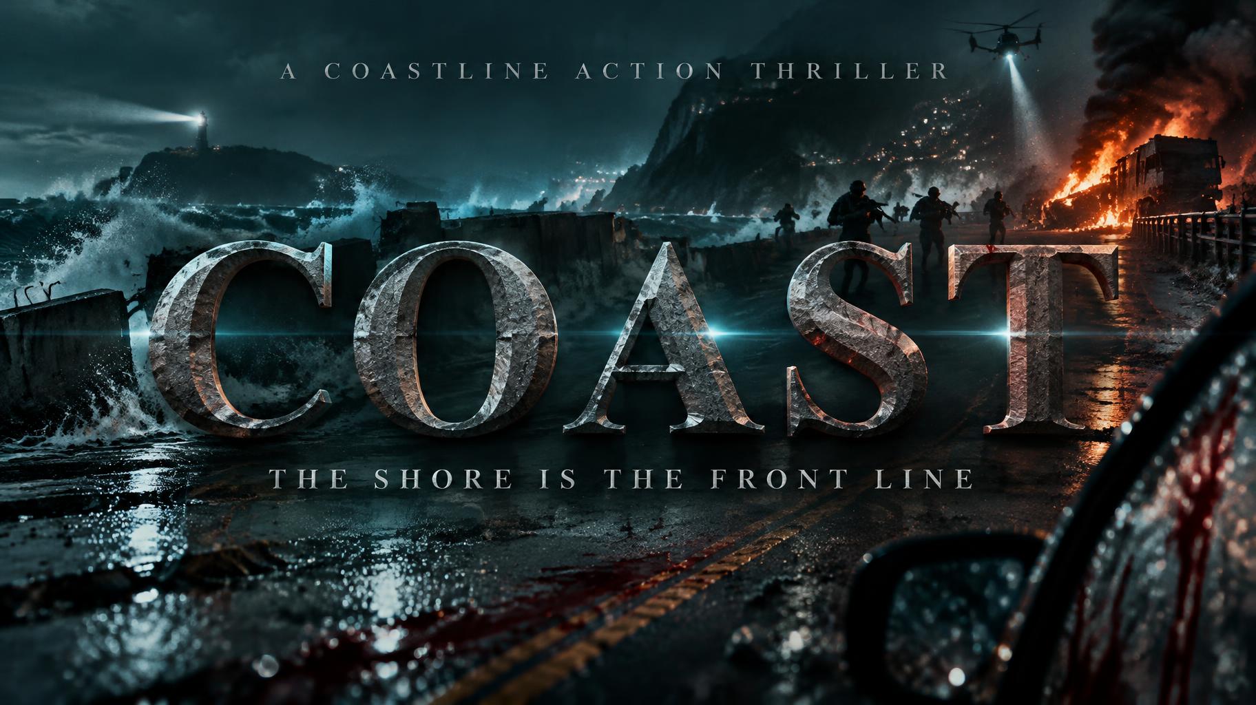 "COAST
THE SHORE IS THE FRONT LINE
A COASTLINE ACTION THRILLER" — Cinematic Netflix | AI Text Effect Generator