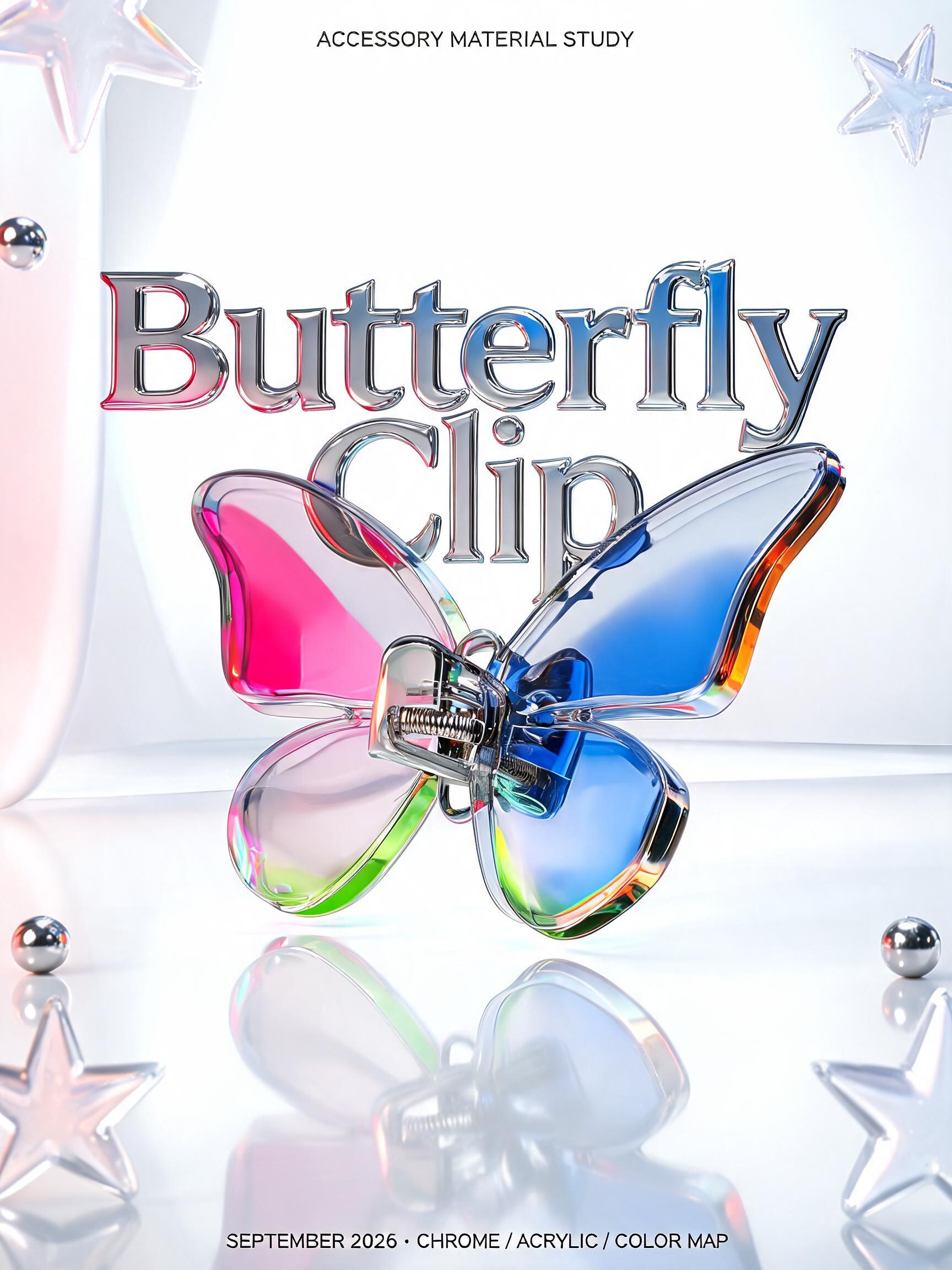 "Butterfly
Clip
ACCESSORY MATERIAL STUDY
SEPTEMBER 2026 · CHROME / ACRYLIC / COLOR MAP" — Y2k Chrome text effect