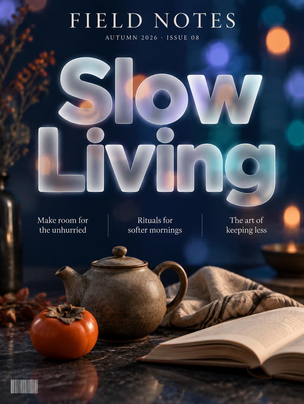 "Slow Living
FIELD NOTES
AUTUMN 2026 · ISSUE 08
Make room for the unhurried
Rituals for softer mornings
The art of keeping less" — Glass Morphism | AI Text Effect Generator
